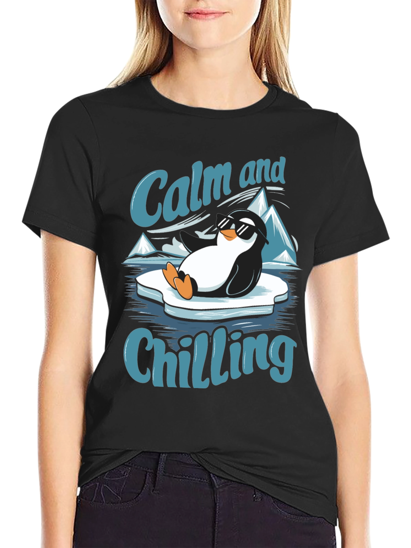 Black Calm and Chilling Penguin T-Shirt view 2