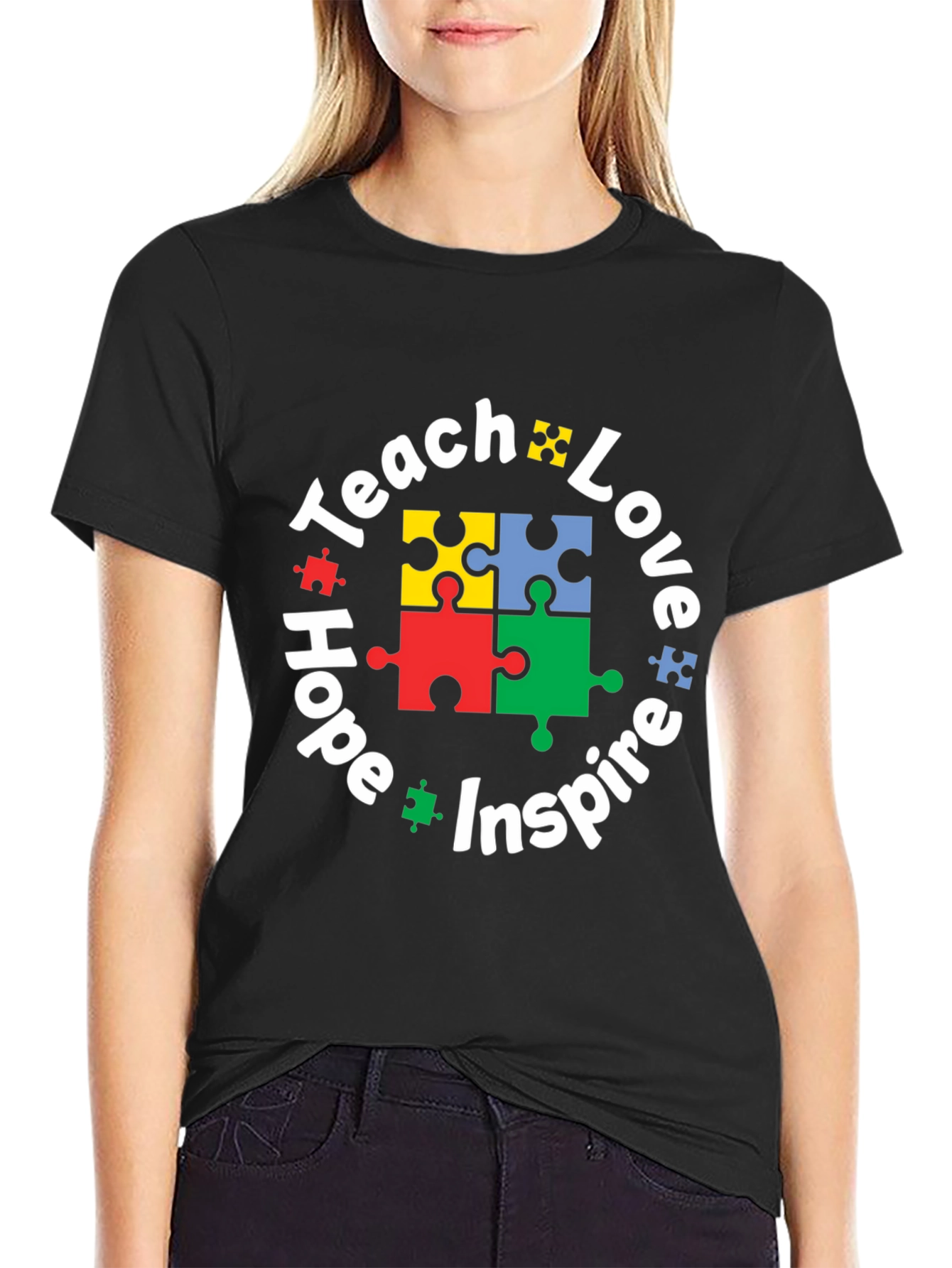 Black Teach Love Hope Inspire Puzzle Piece T-Shirt view 2