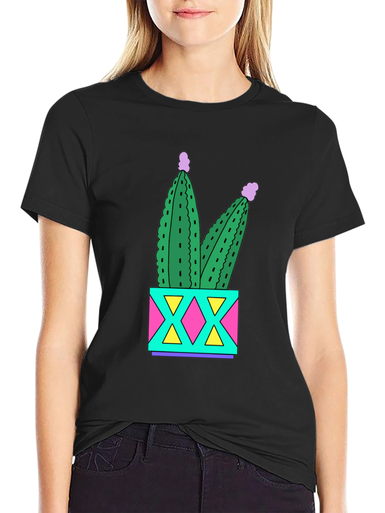 Black Fun Cactus T-Shirt - Black Cotton Graphic Tee view 2