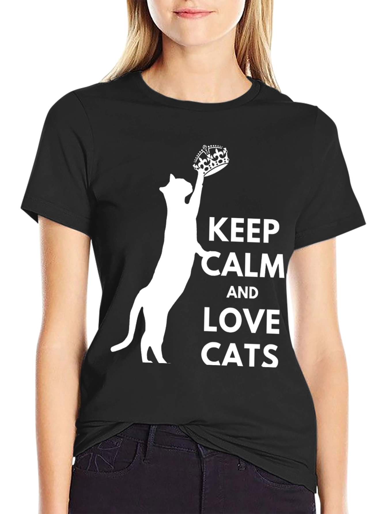 Black Keep Calm and Love Cats T-Shirt - Crowned Cat Design view 2