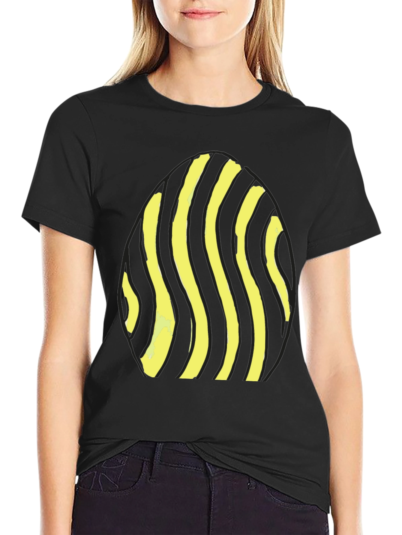 Black Striped Egg Graphic Tee - Casual Black T-Shirt view 2