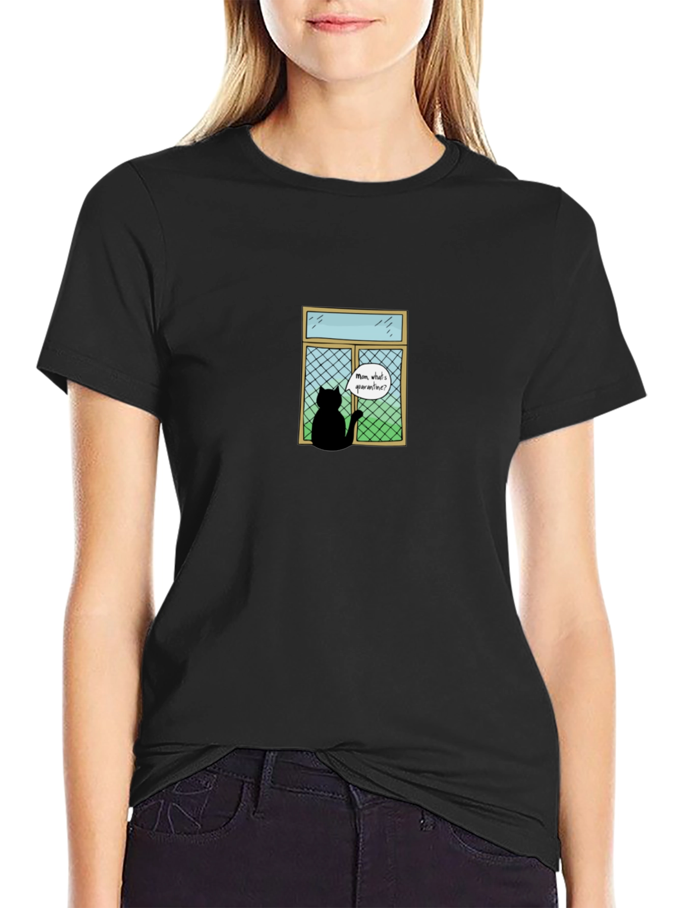 Black Quarantine Cat T-Shirt - Unisex Black Tee view 2