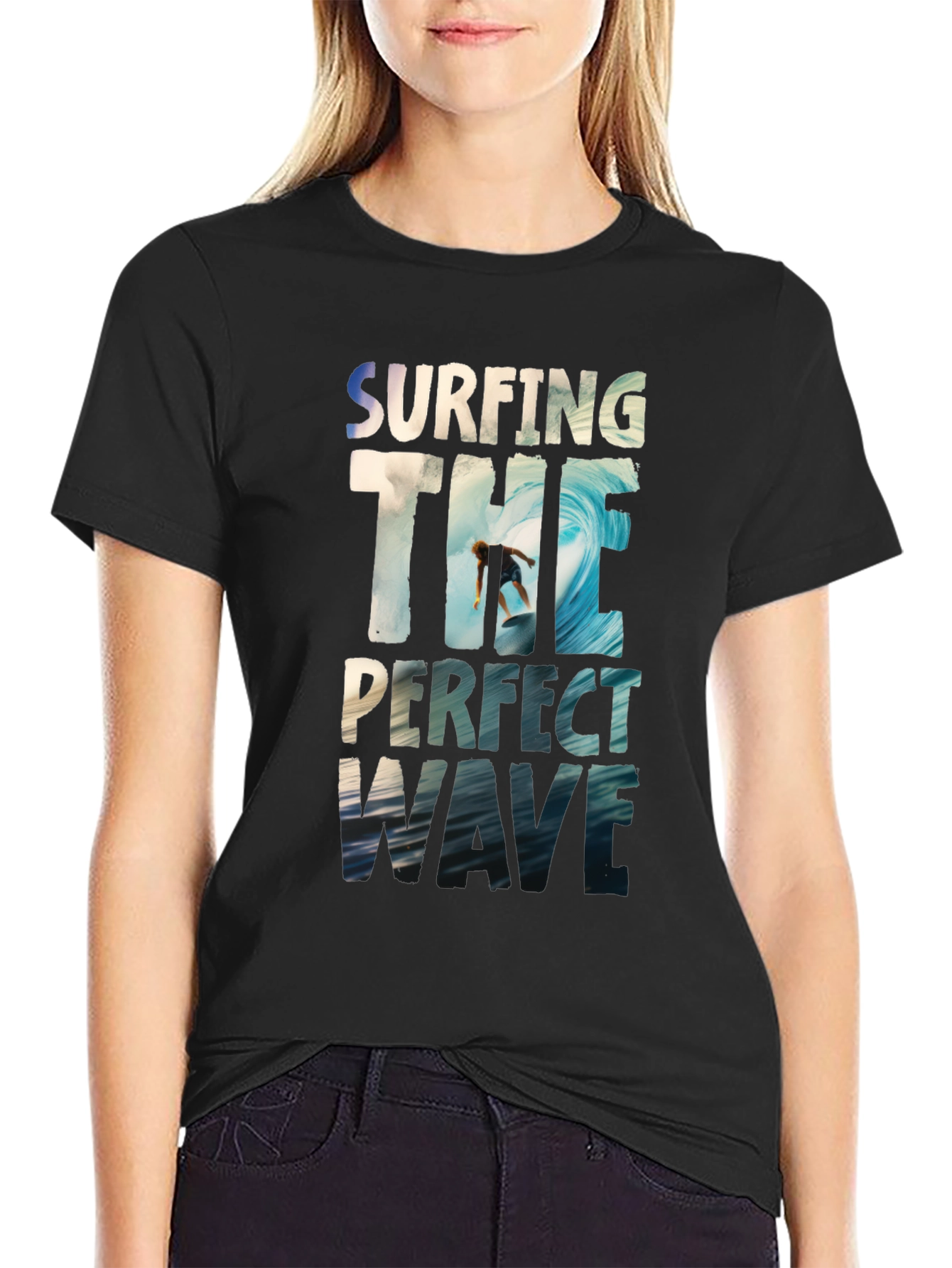 Black Surfing The Perfect Wave Black Graphic T-Shirt view 2