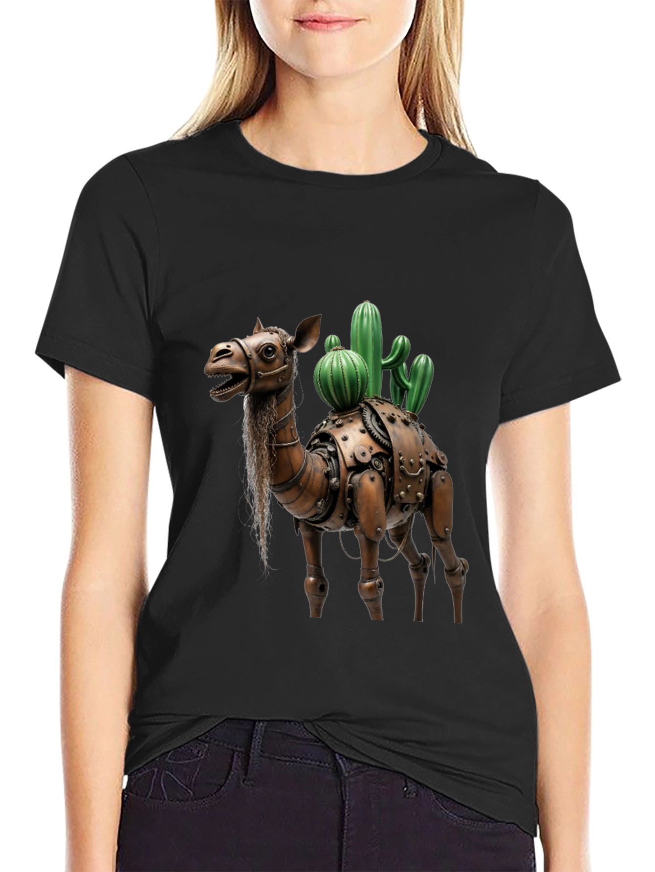 Black Steampunk Camel Cactus Graphic T-Shirt view 2