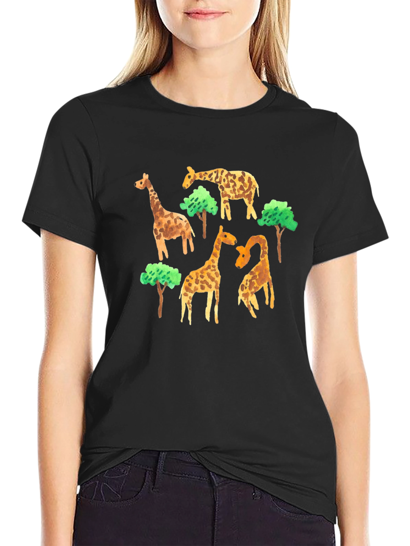 Black Giraffe Pattern T-Shirt - Black view 2