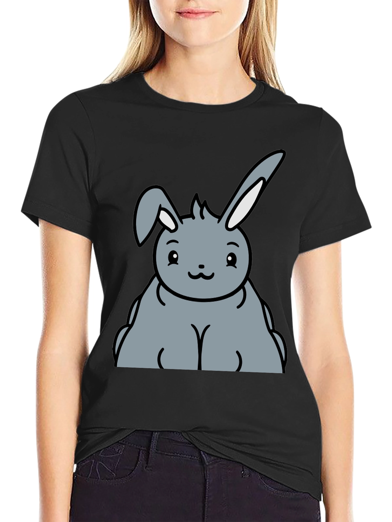 Black Cute Bunny Graphic Tee - Unisex Black T-Shirt view 2