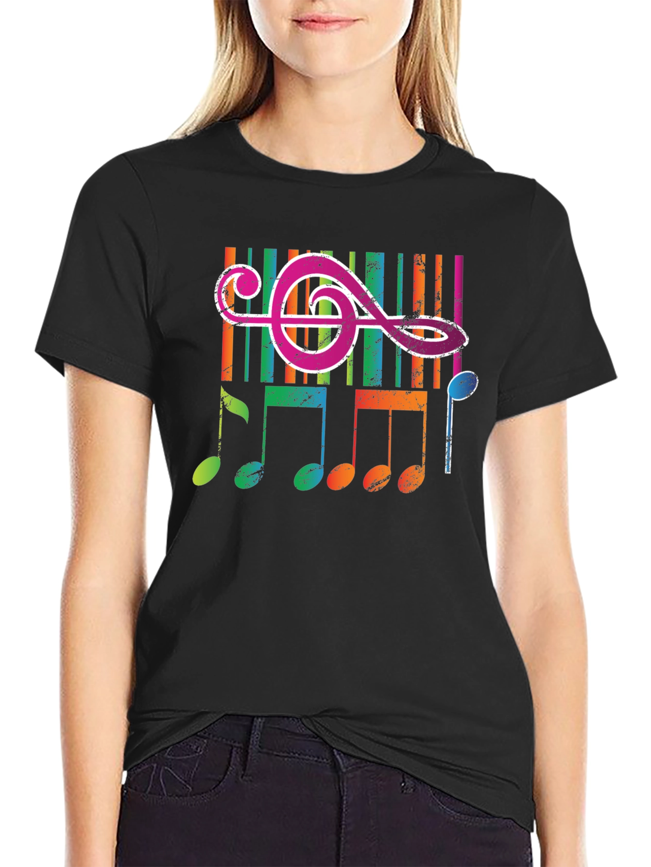 Black Colorful Music Notes Graphic T-Shirt view 2