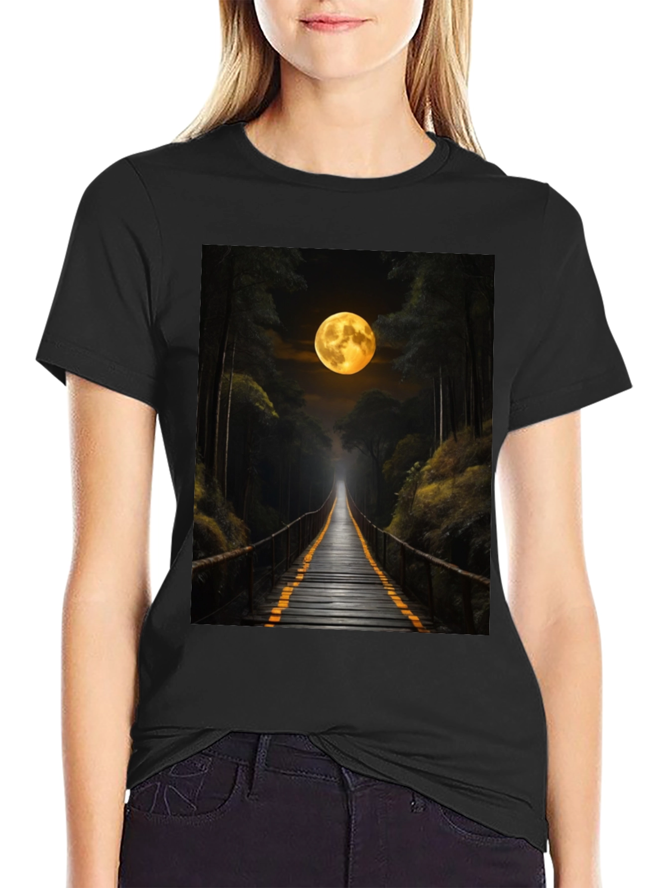 Black Moonlit Forest Bridge Graphic Tee view 2