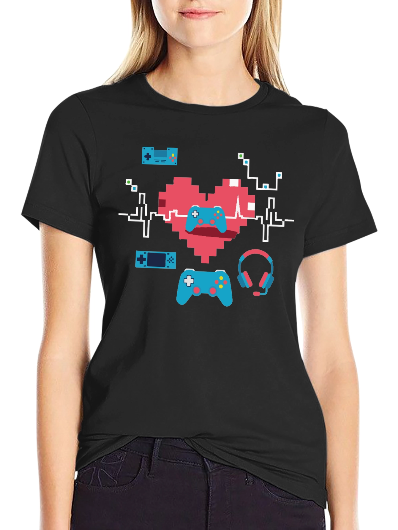 Black Gamer Heartbeat T-Shirt - Pixel Art Gaming Tee view 2