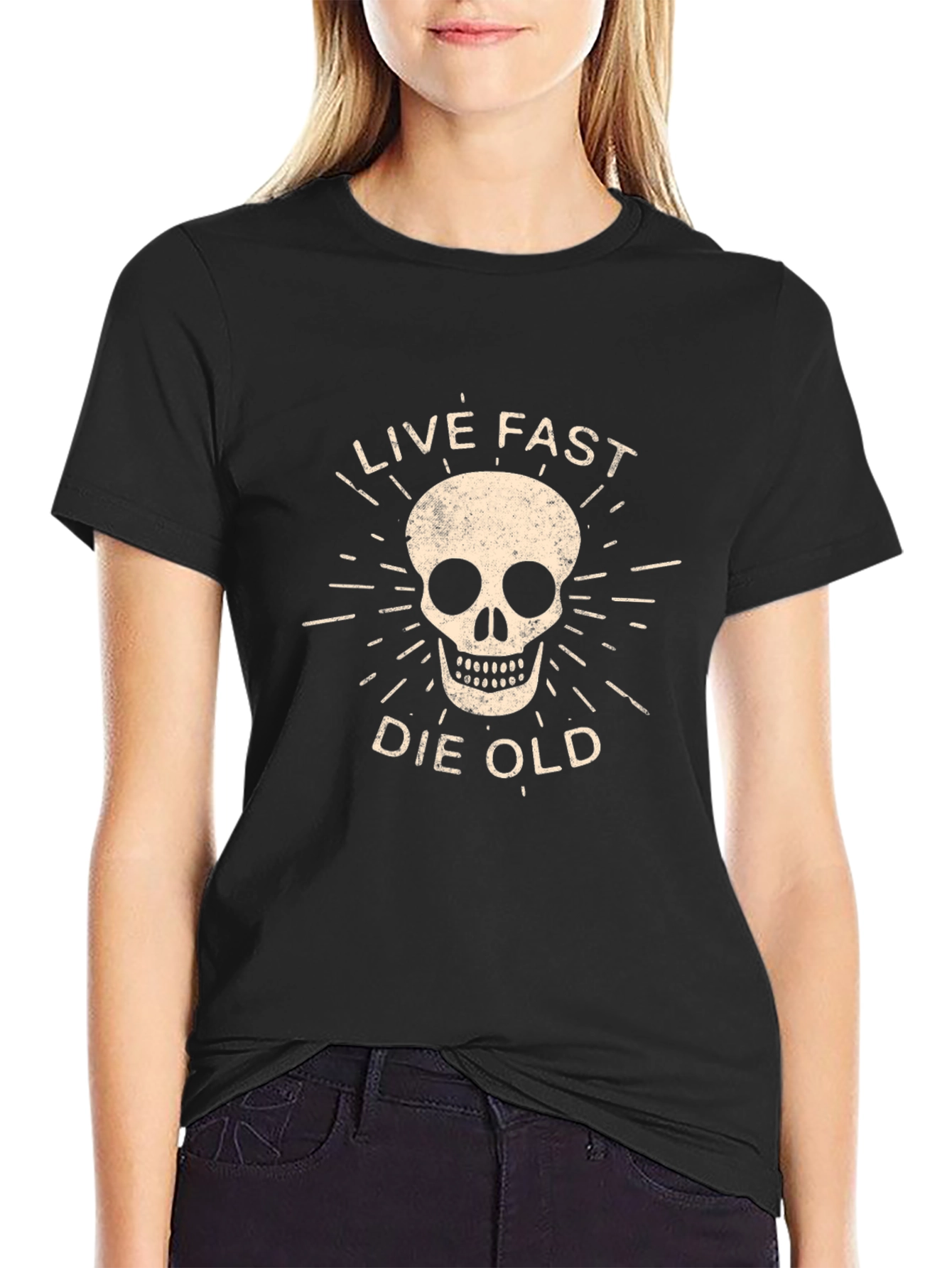 Black Live Fast Die Old Graphic Tee - Skull Design view 2