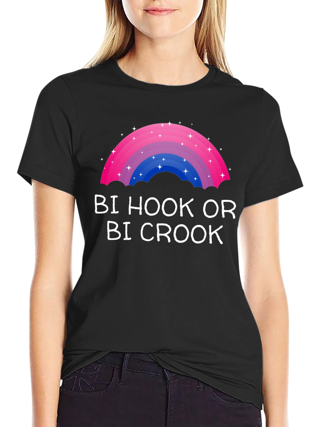 Black Bi Hook or Bi Crook T-Shirt - Bisexual Pride Rainbow view 2