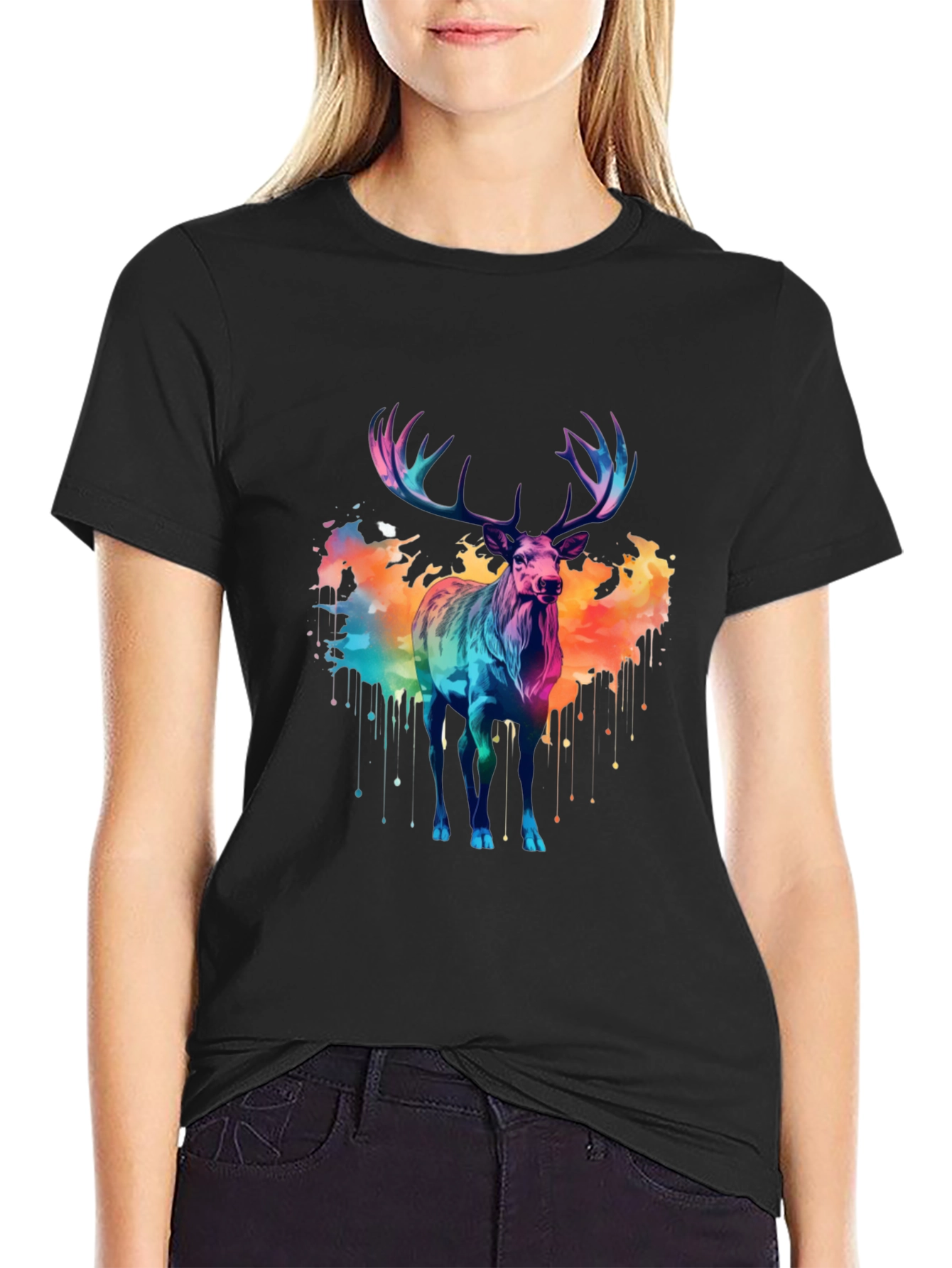 Black Colorful Watercolor Stag Graphic Tee view 2