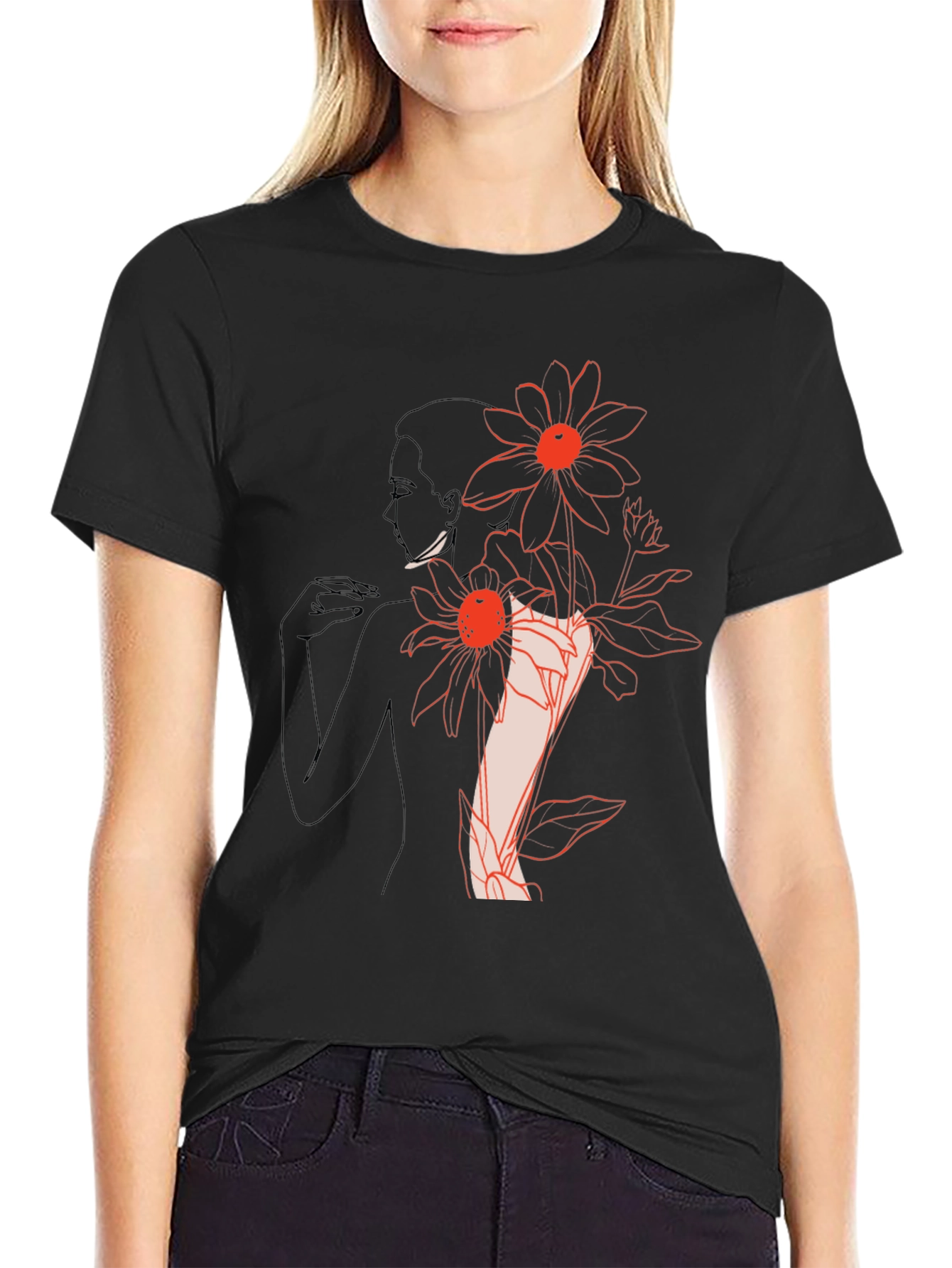 Black Floral Woman Graphic Black T-Shirt view 2