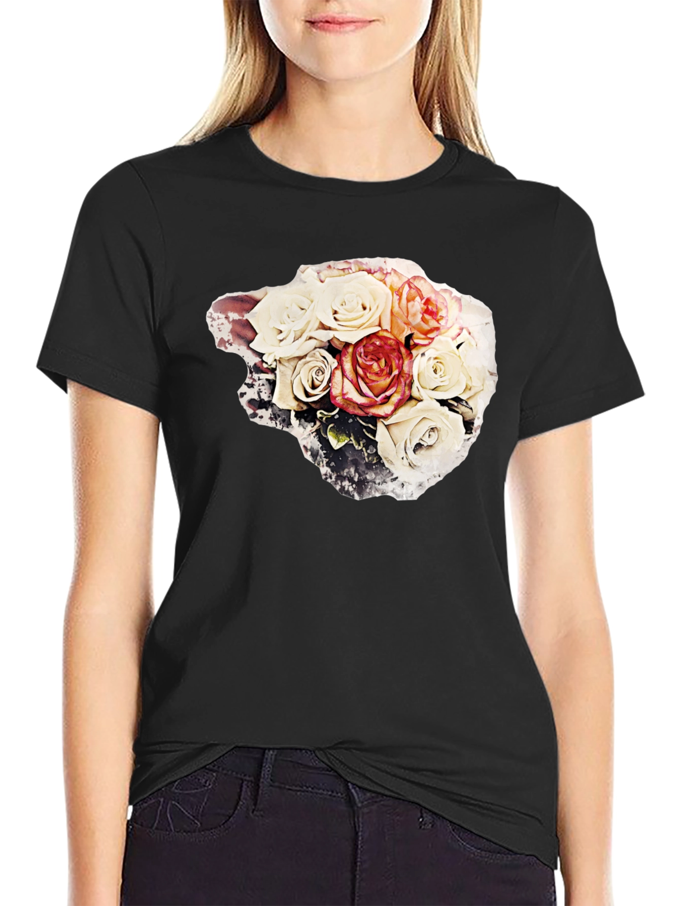 Black Floral Bouquet Graphic Tee - Stylish Black T-Shirt view 2