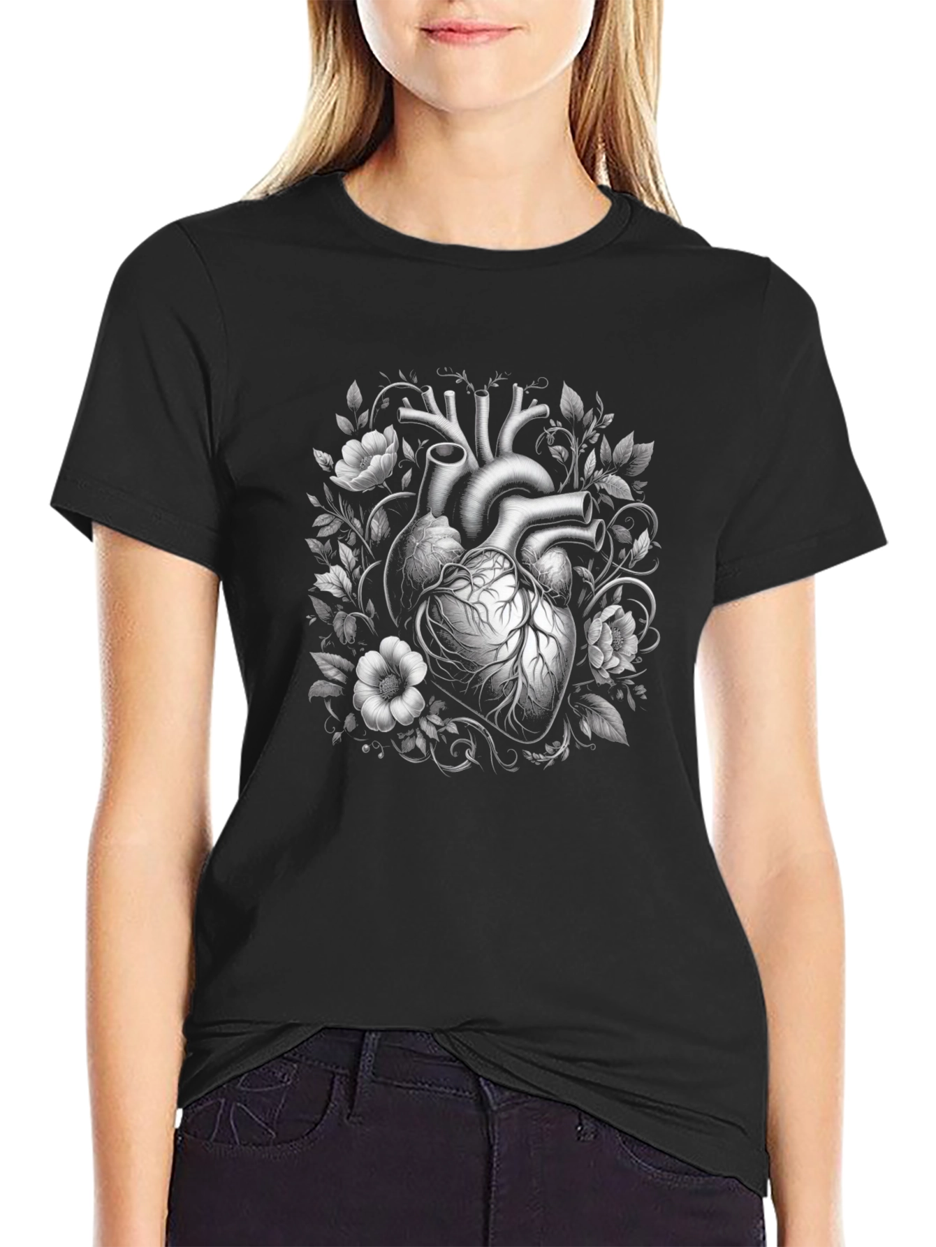 Black Anatomical Heart & Floral Graphic Tee - Black view 2