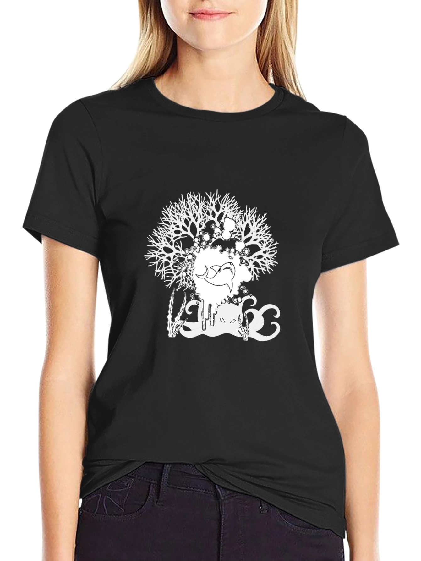 Black Abstract Tree Graphic Tee - Black Cotton Blend view 2