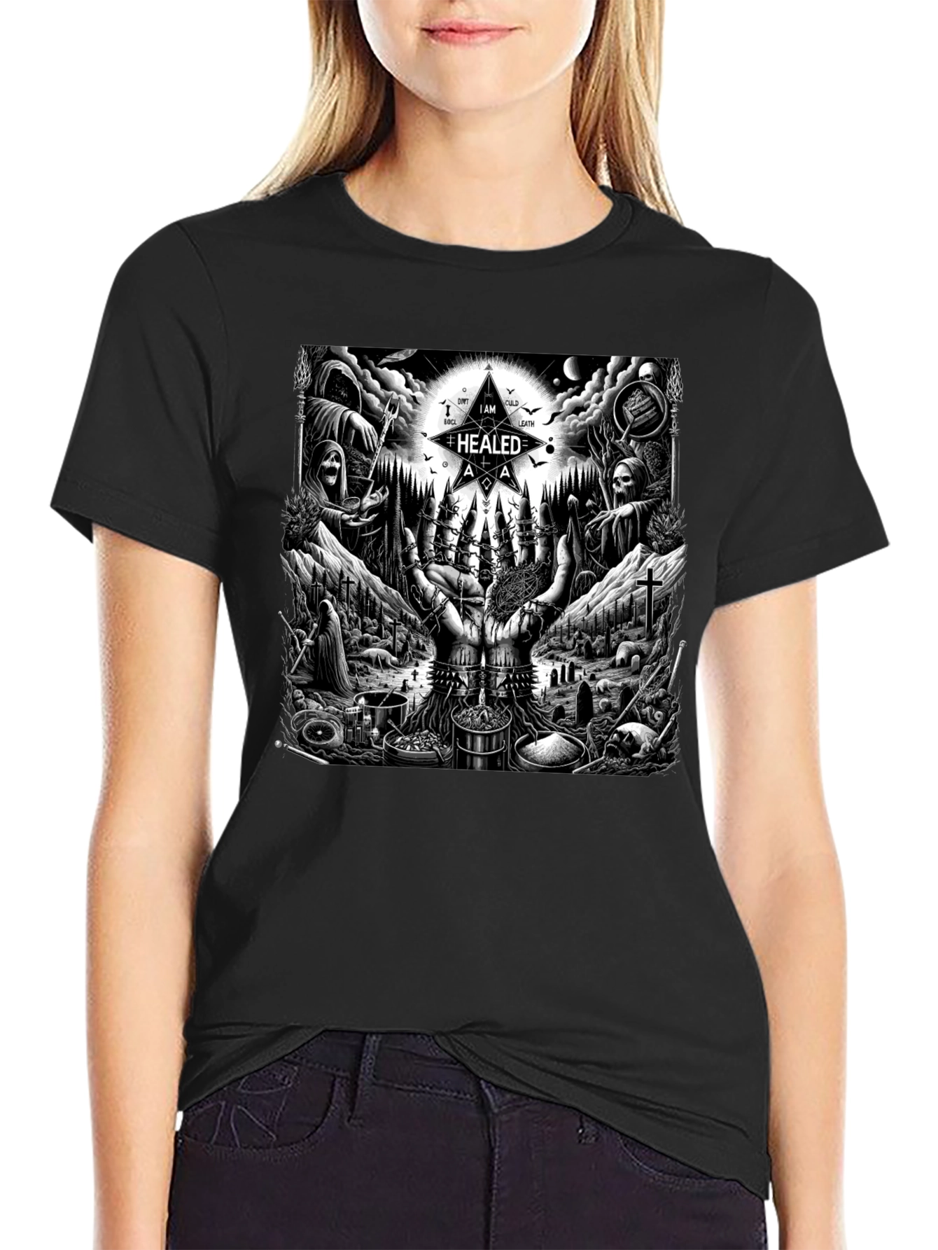 Black Occult Ritual Graphic T-Shirt - Dark Aesthetic Tee view 2