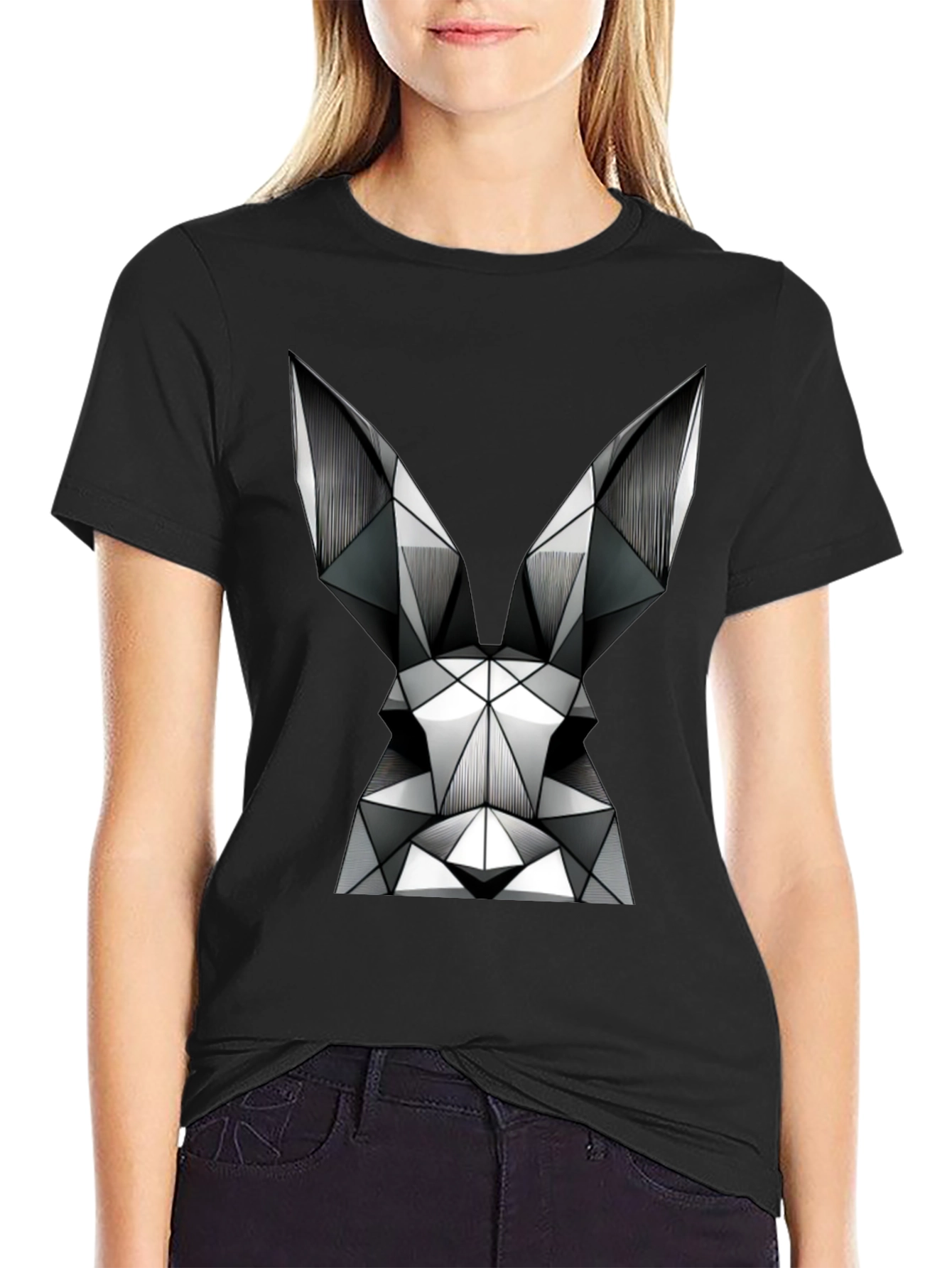 Black Geometric Rabbit Graphic Tee - Modern Black T-Shirt view 2