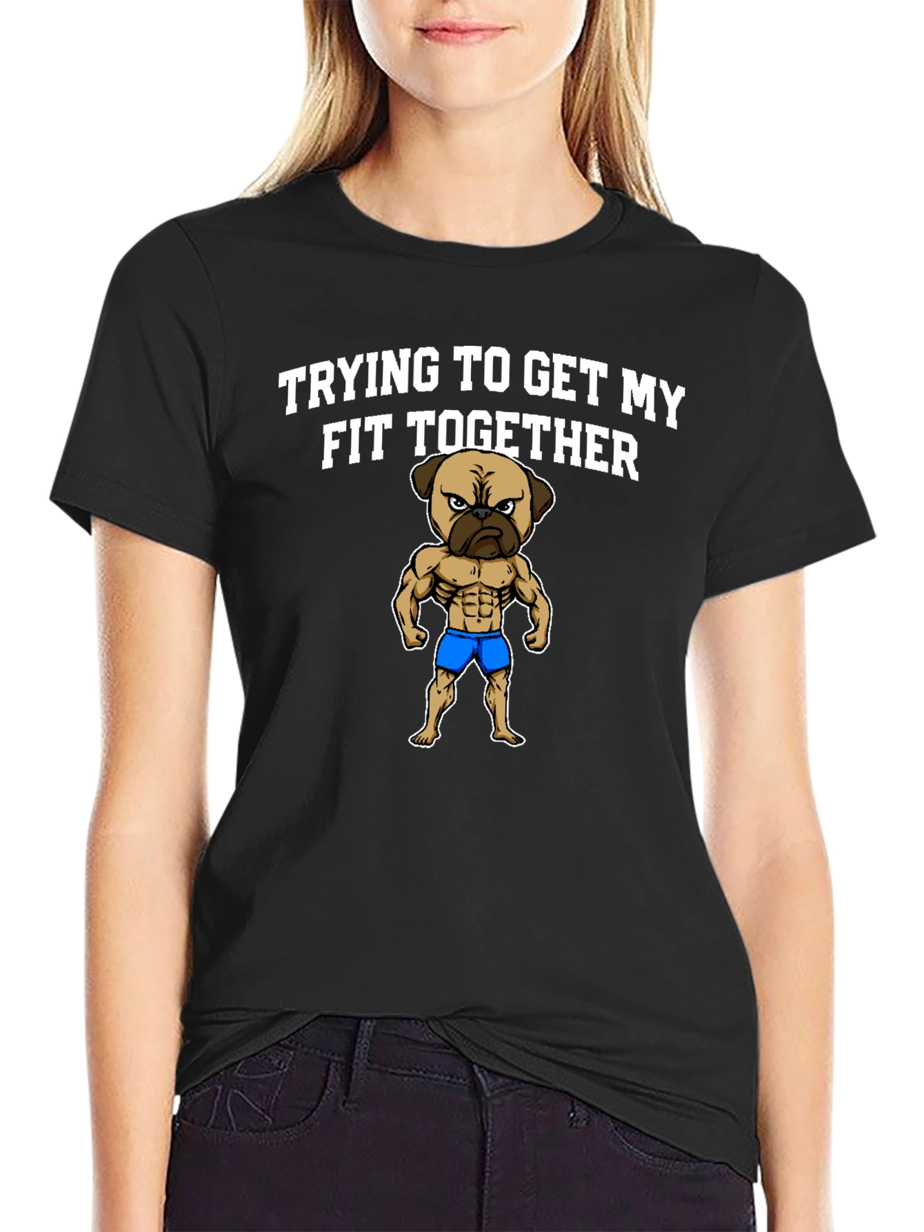 Black Funny Pug Gym T-Shirt - Trying to Get My Fit Together view 2