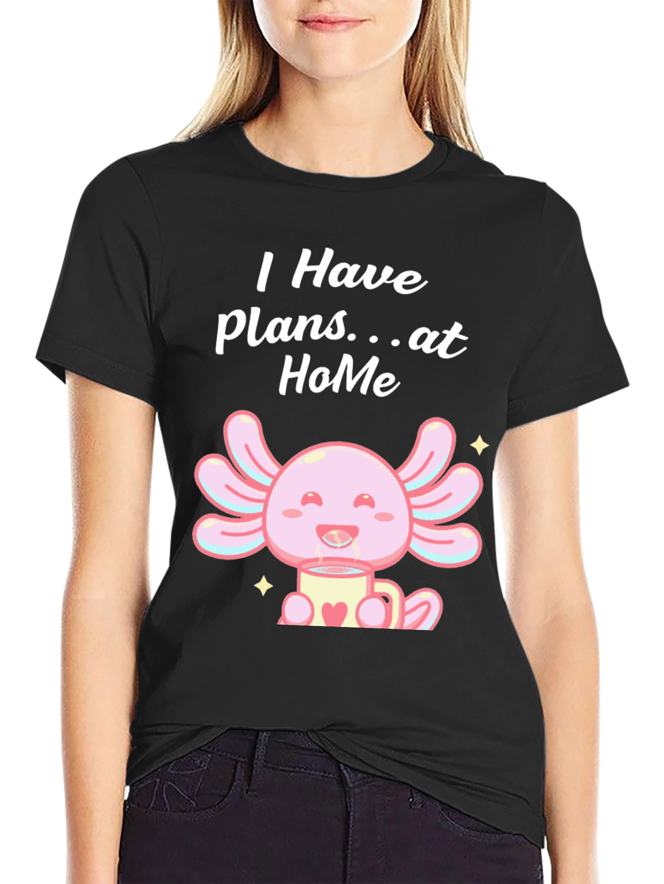Black Cute Axolotl "Plans at Home" Black T-Shirt view 2