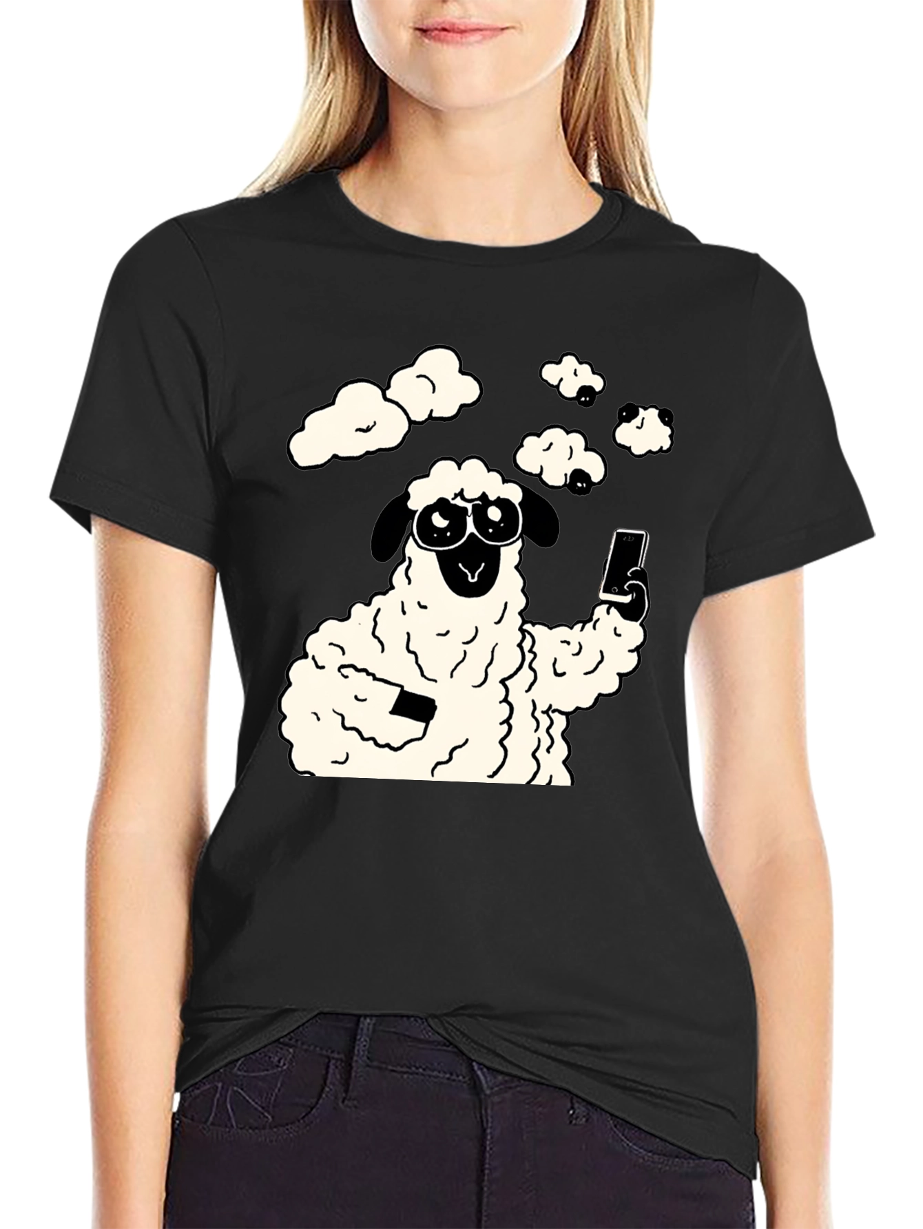 Black Funny Sheep Selfie Graphic Tee - Black view 2