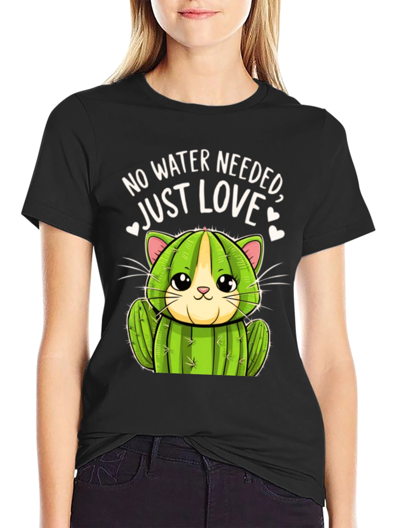 Black Cactus Cat T-Shirt - No Water Needed, Just Love view 2