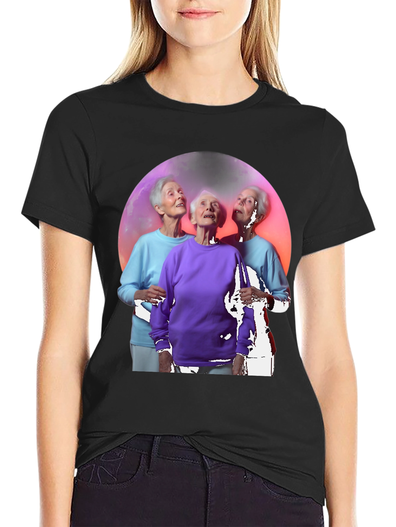 Black Three Grannies in Space Black T-Shirt view 2