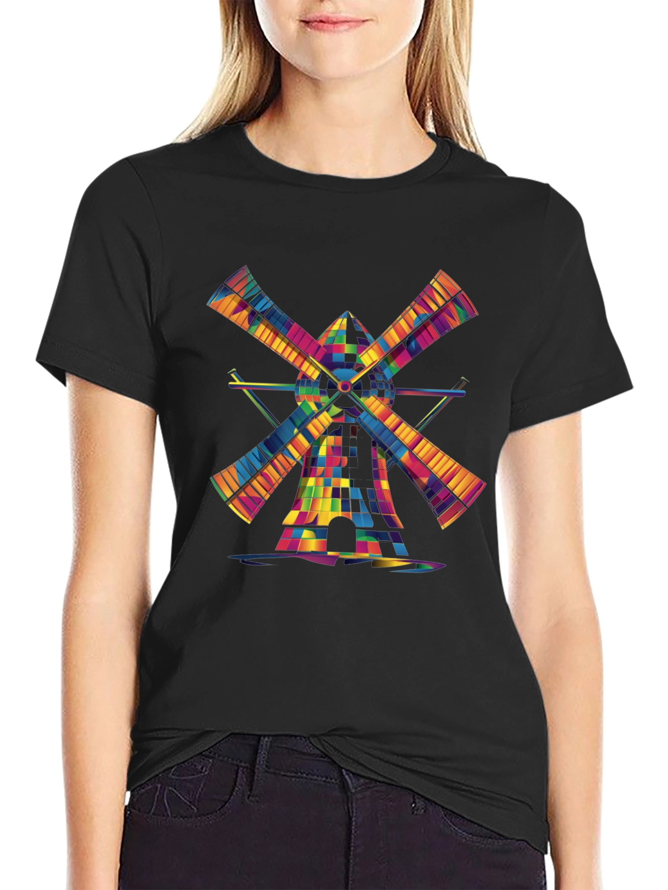 Black Colorful Windmill Graphic Tee - Modern Art Shirt view 2