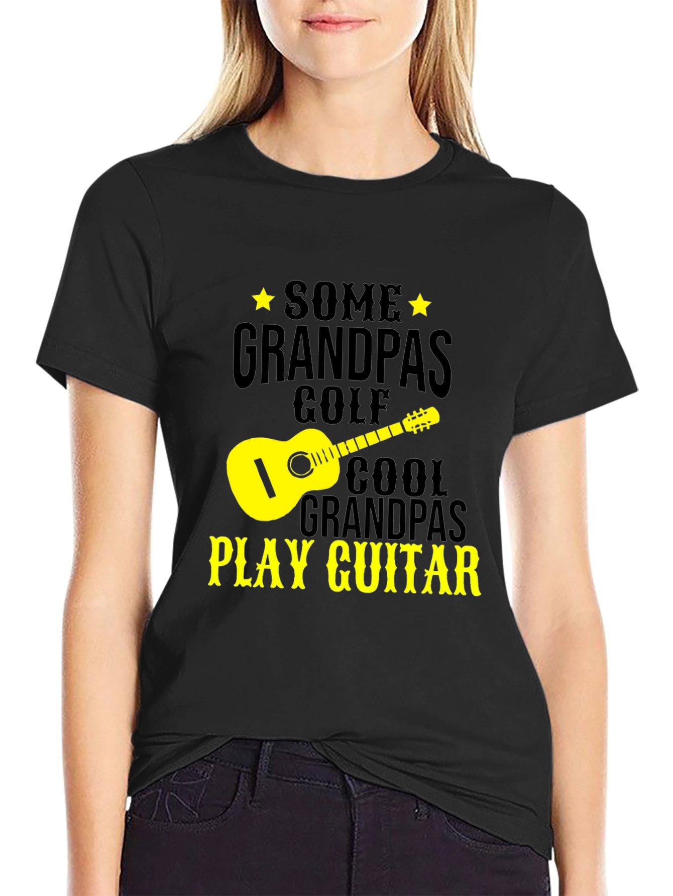 Black Cool Grandpa Guitar Player Black T-Shirt view 2