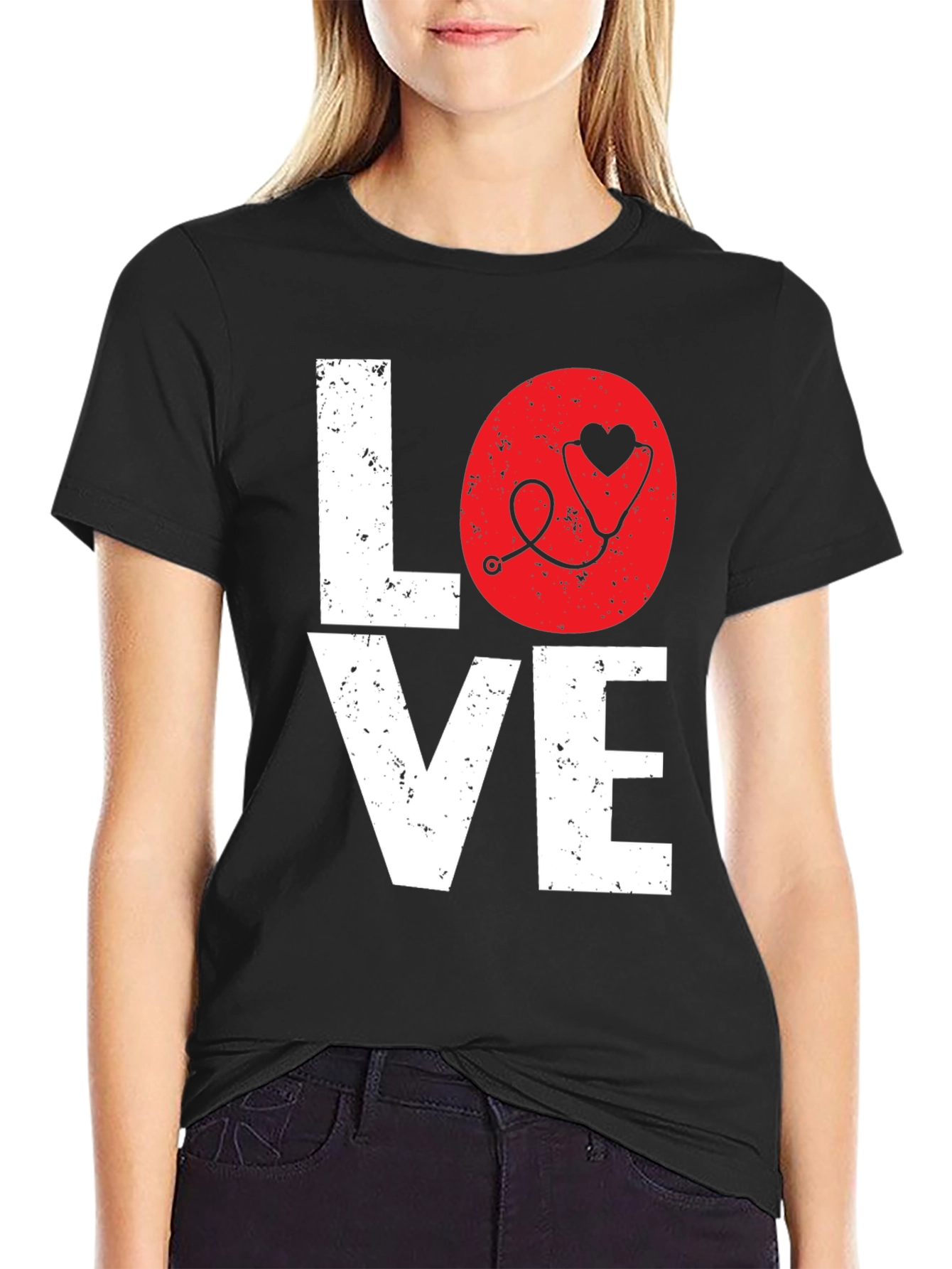 Black Love Nurse Stethoscope Heart Graphic Tee view 2