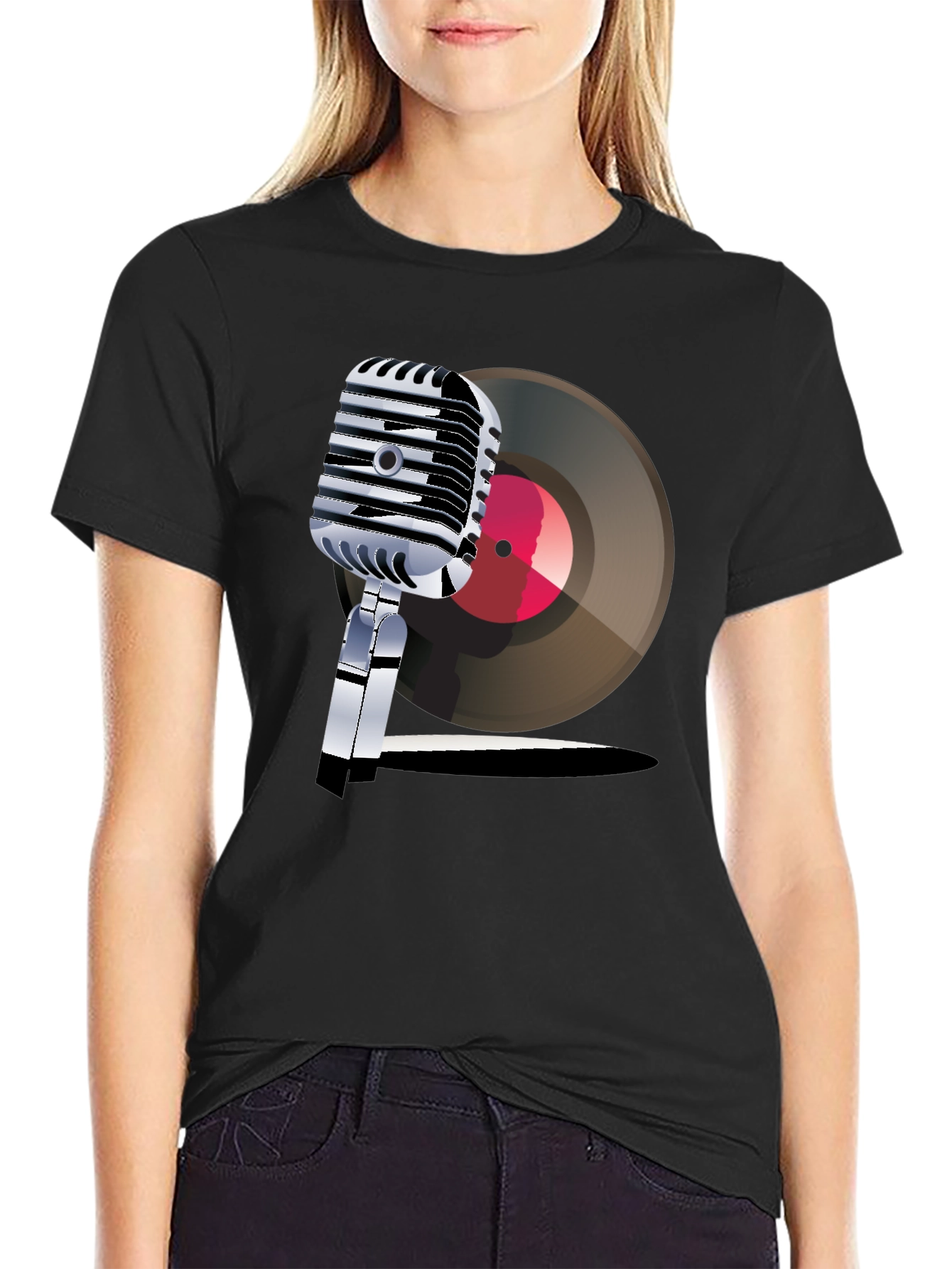 Black Retro Microphone & Record Graphic Tee view 2