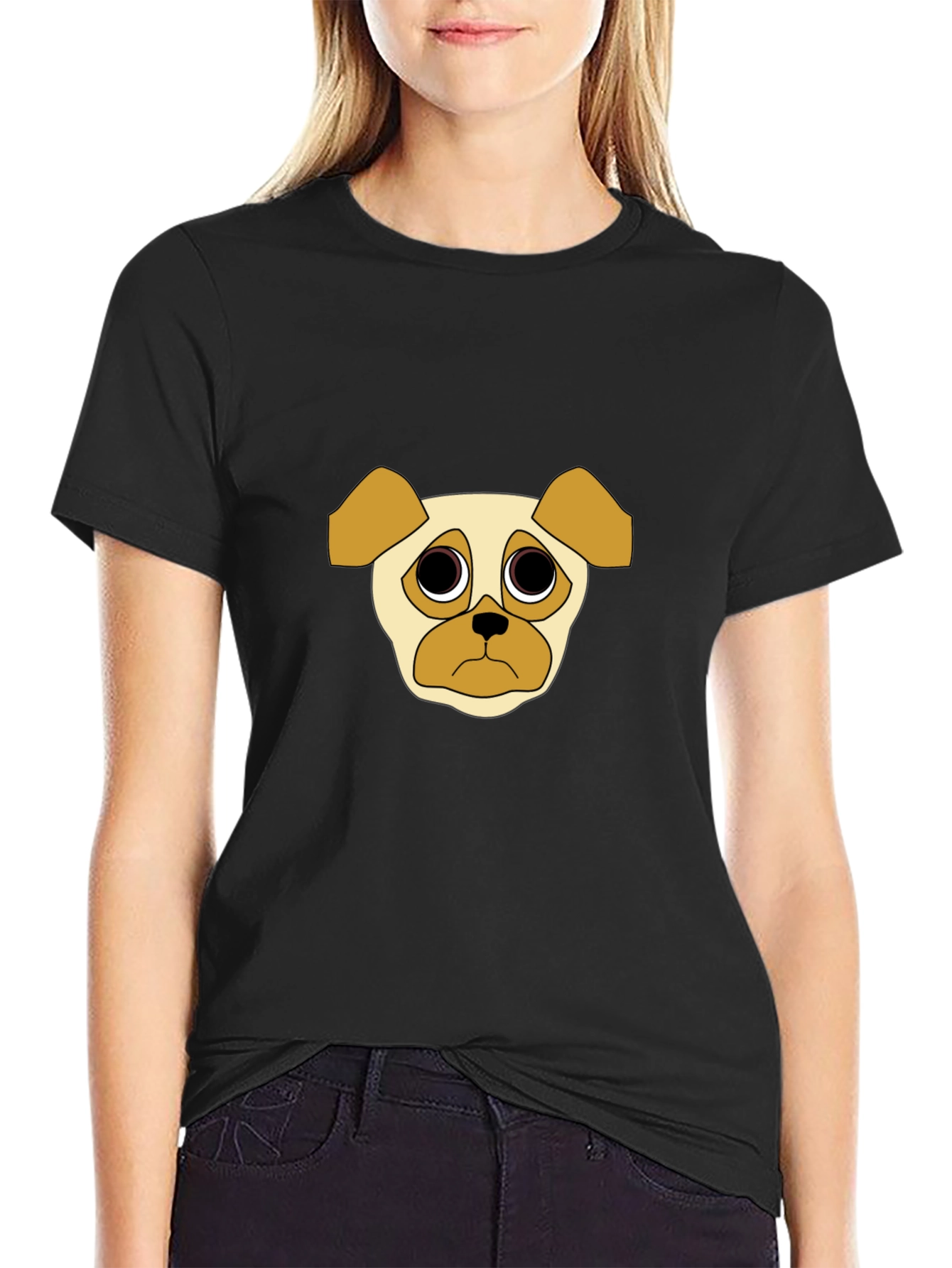 Black Sad Pug Graphic Tee - Black Cotton Casual T-Shirt view 2
