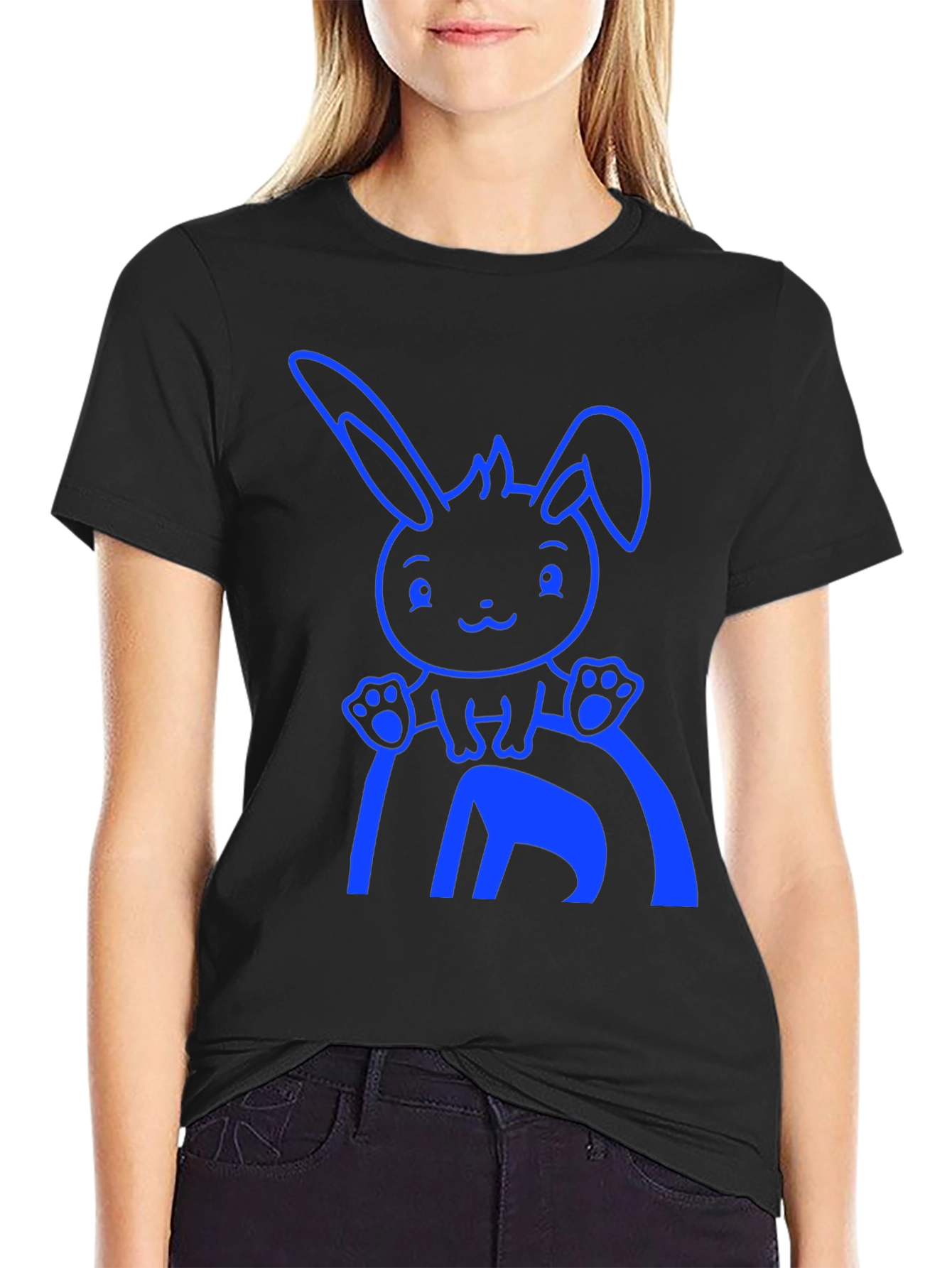 Black Cute Bunny Graphic Tee - Black Cotton Blend Shirt view 2