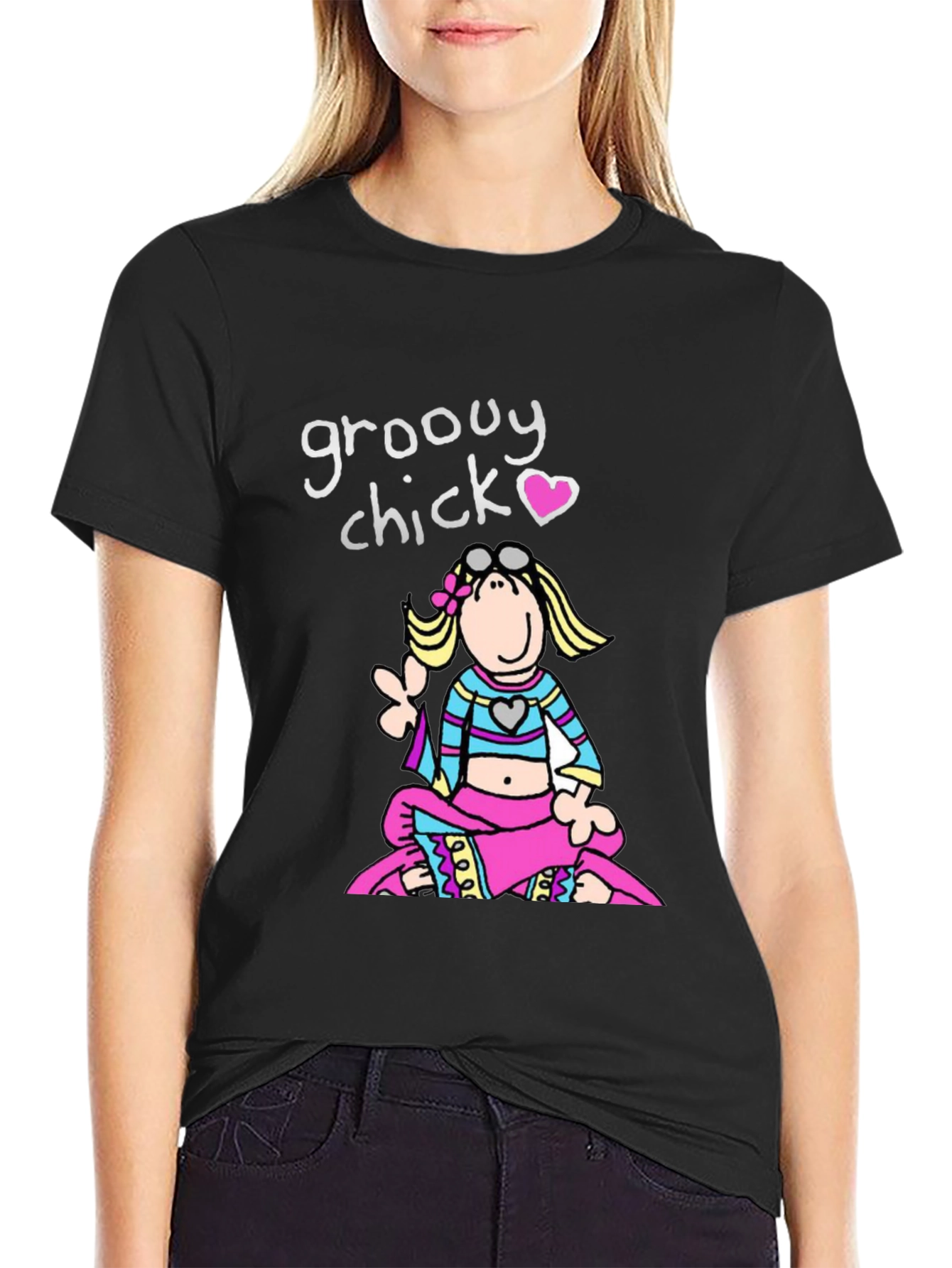 Black Groovy Chick T-Shirt - Retro Cartoon Peace view 2