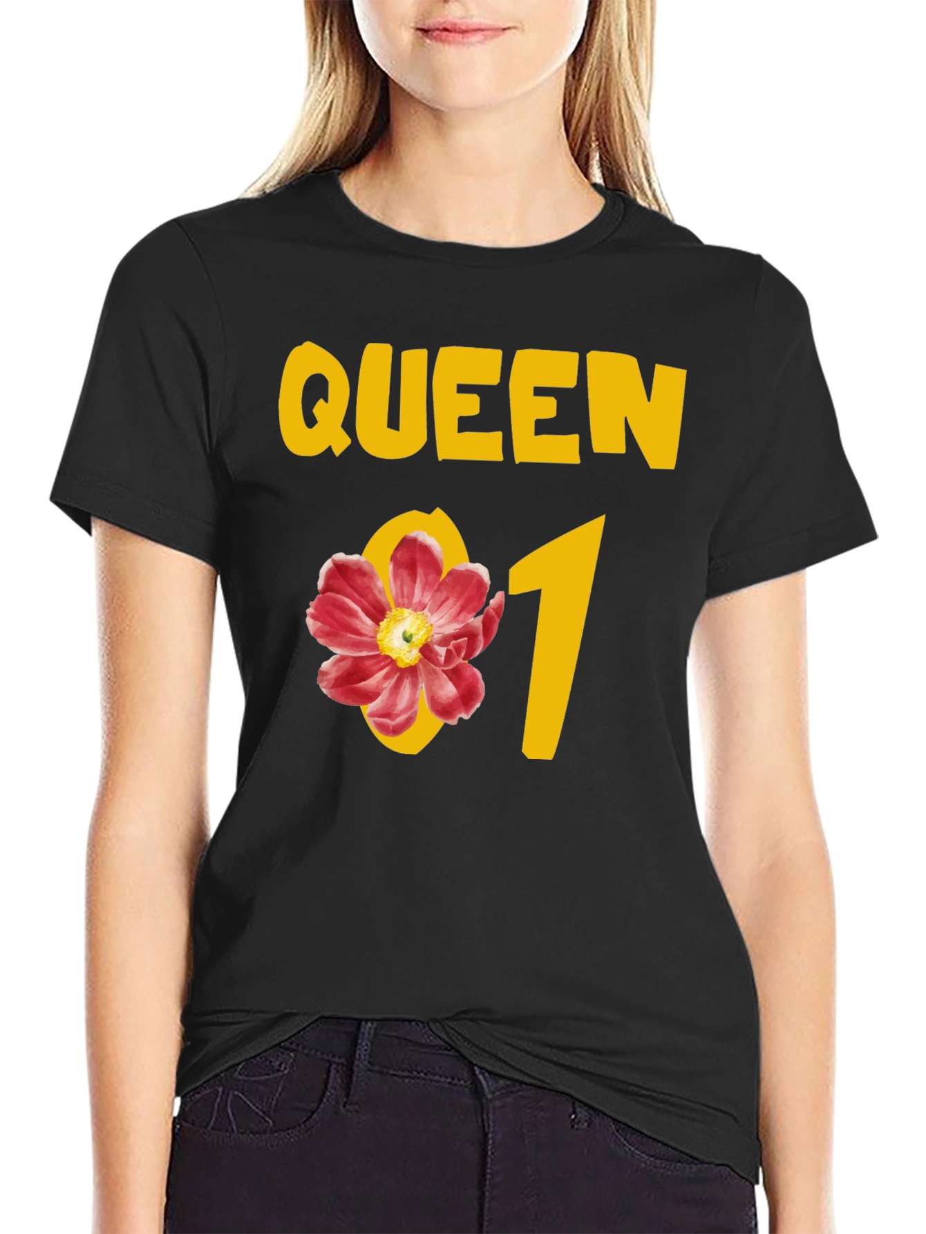 Black Queen Floral Graphic Tee - Black Cotton T-Shirt view 2