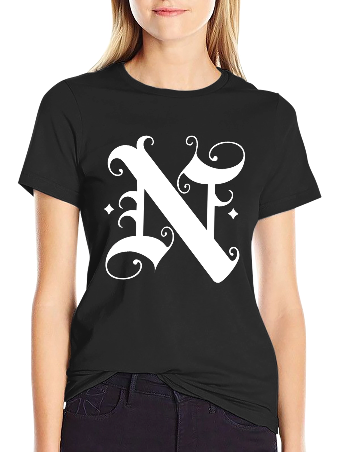 Black Letter N Graphic Tee - Black Cotton Blend Shirt view 2