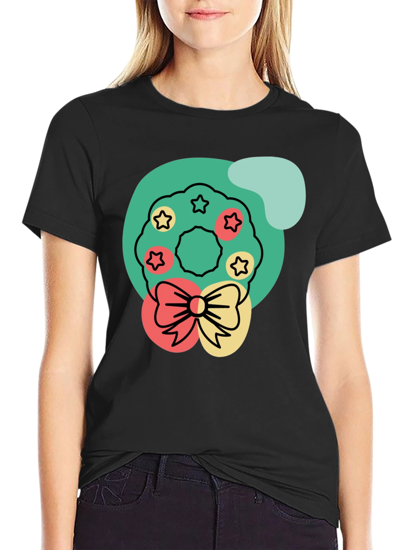 Black Festive Wreath Graphic Tee - Holiday Cheer T-Shirt view 2