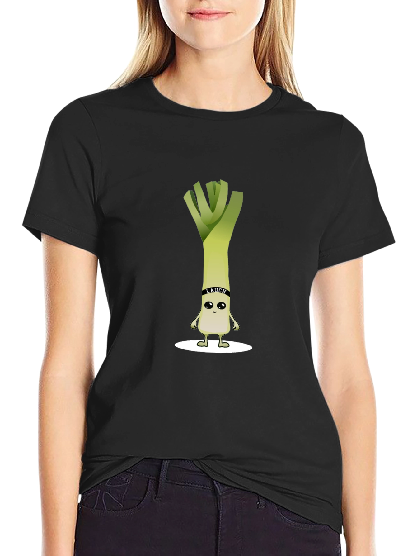 Black Funny Leek Cartoon Black T-Shirt view 2