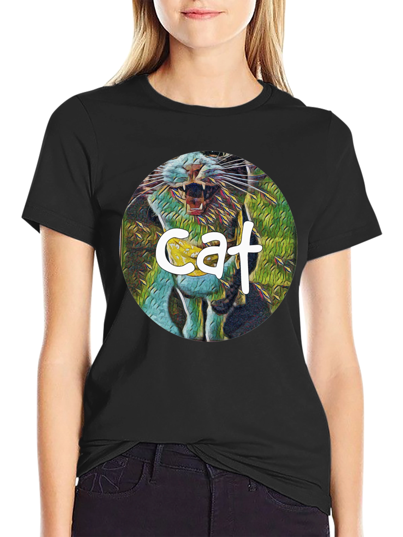 Black Cat Graphic Print Black T-Shirt view 2