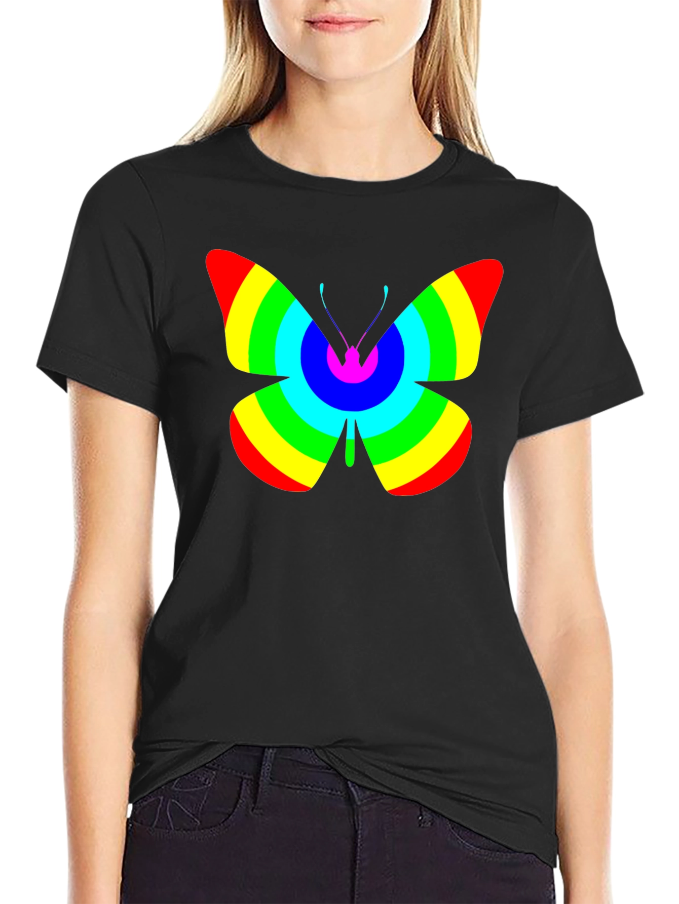 Black Rainbow Butterfly Graphic Black T-Shirt view 2