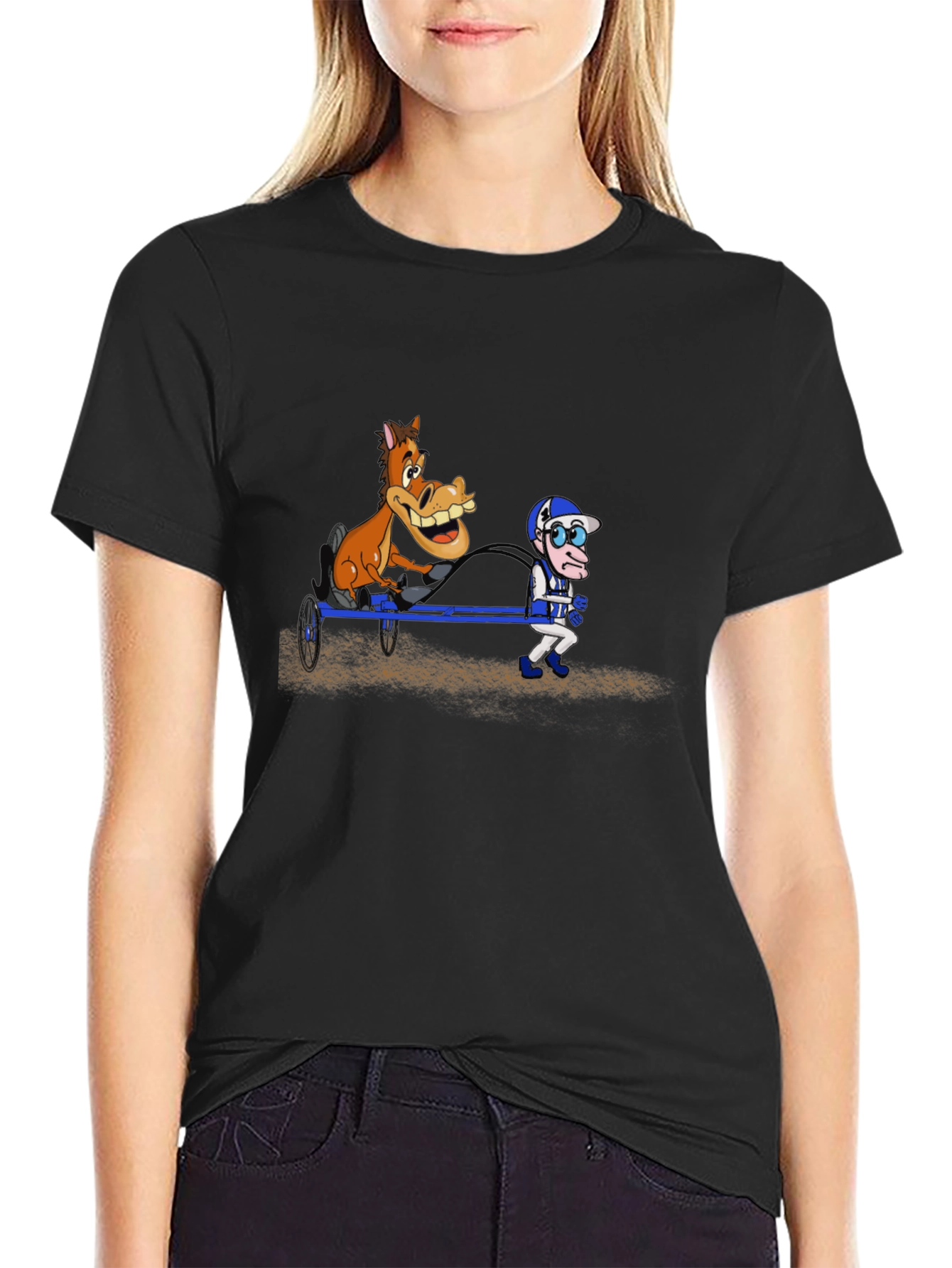 Black Cartoon Horse & Jockey Black T-Shirt view 2