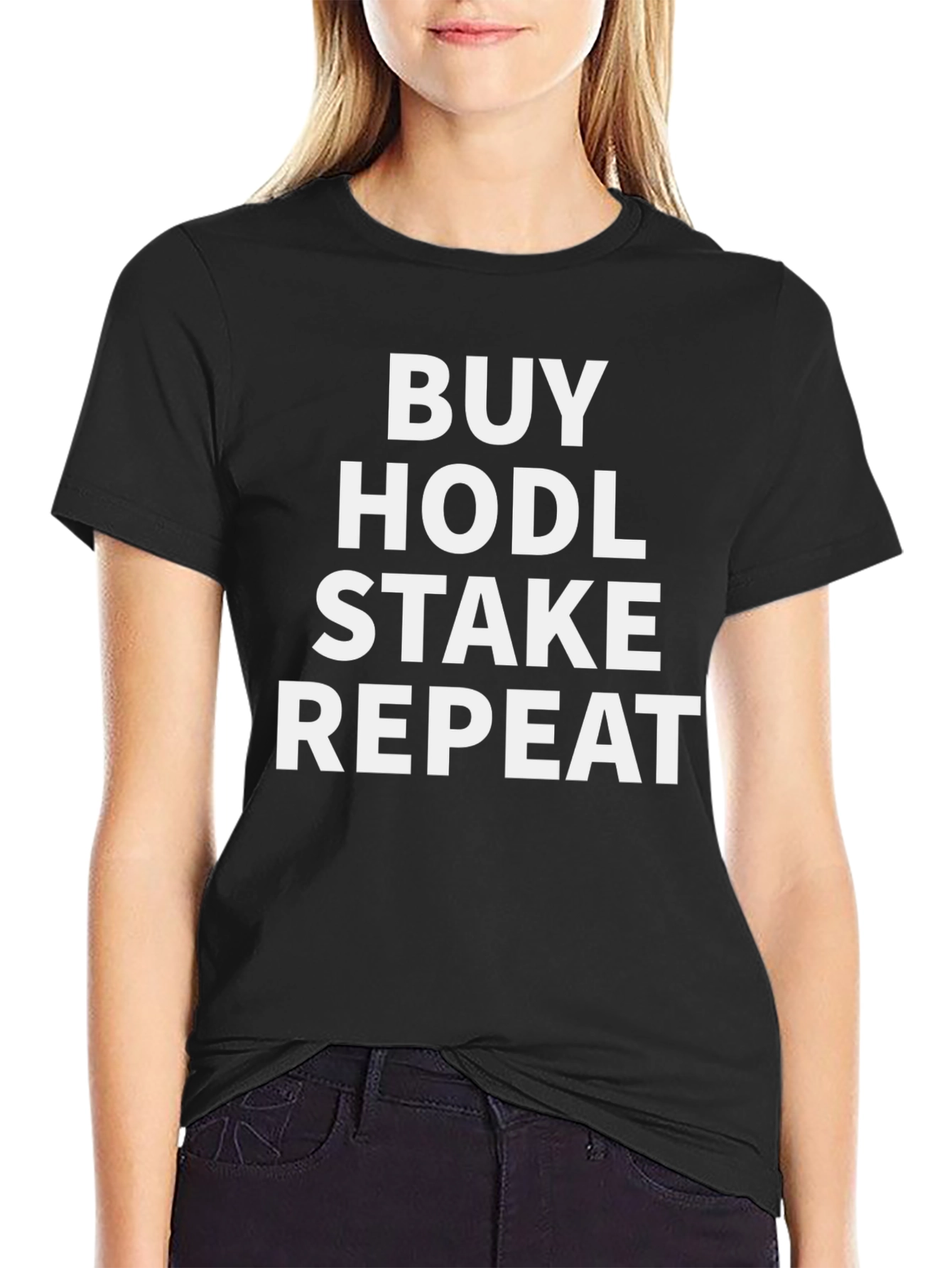 Black Buy HODL Stake Repeat Crypto T-Shirt view 2
