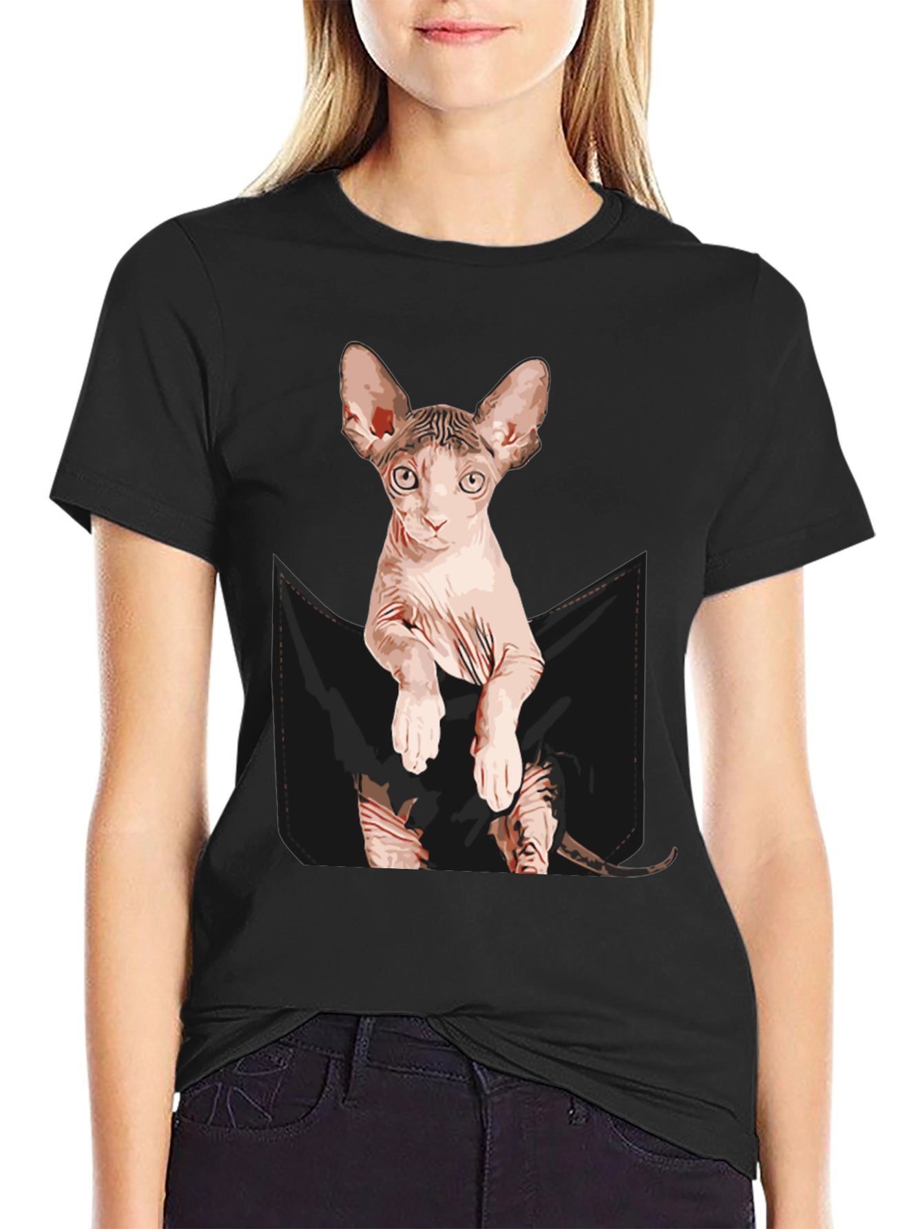 Black Sphynx Cat Pocket T-Shirt - Quirky Graphic Tee view 2