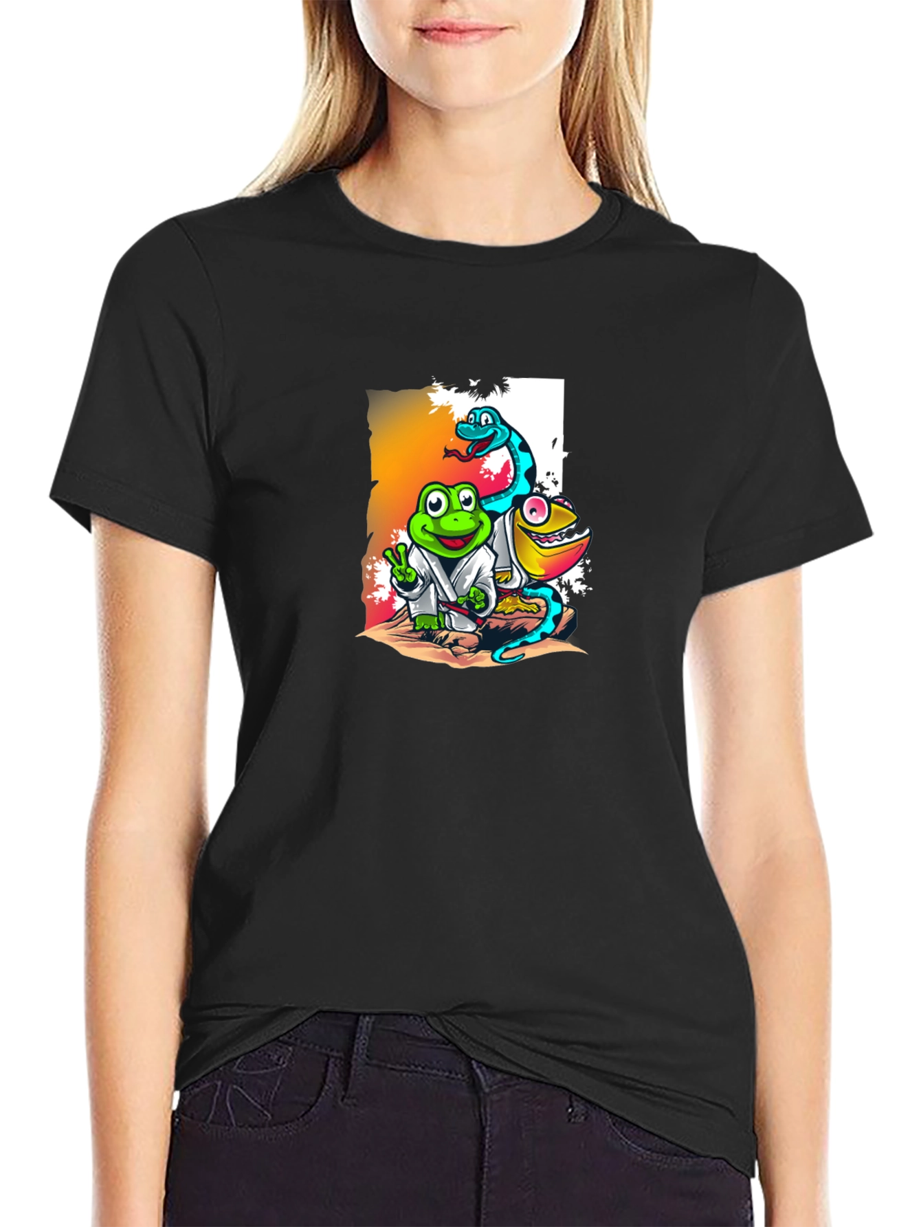 Black Cartoon Reptile Karate T-Shirt view 2