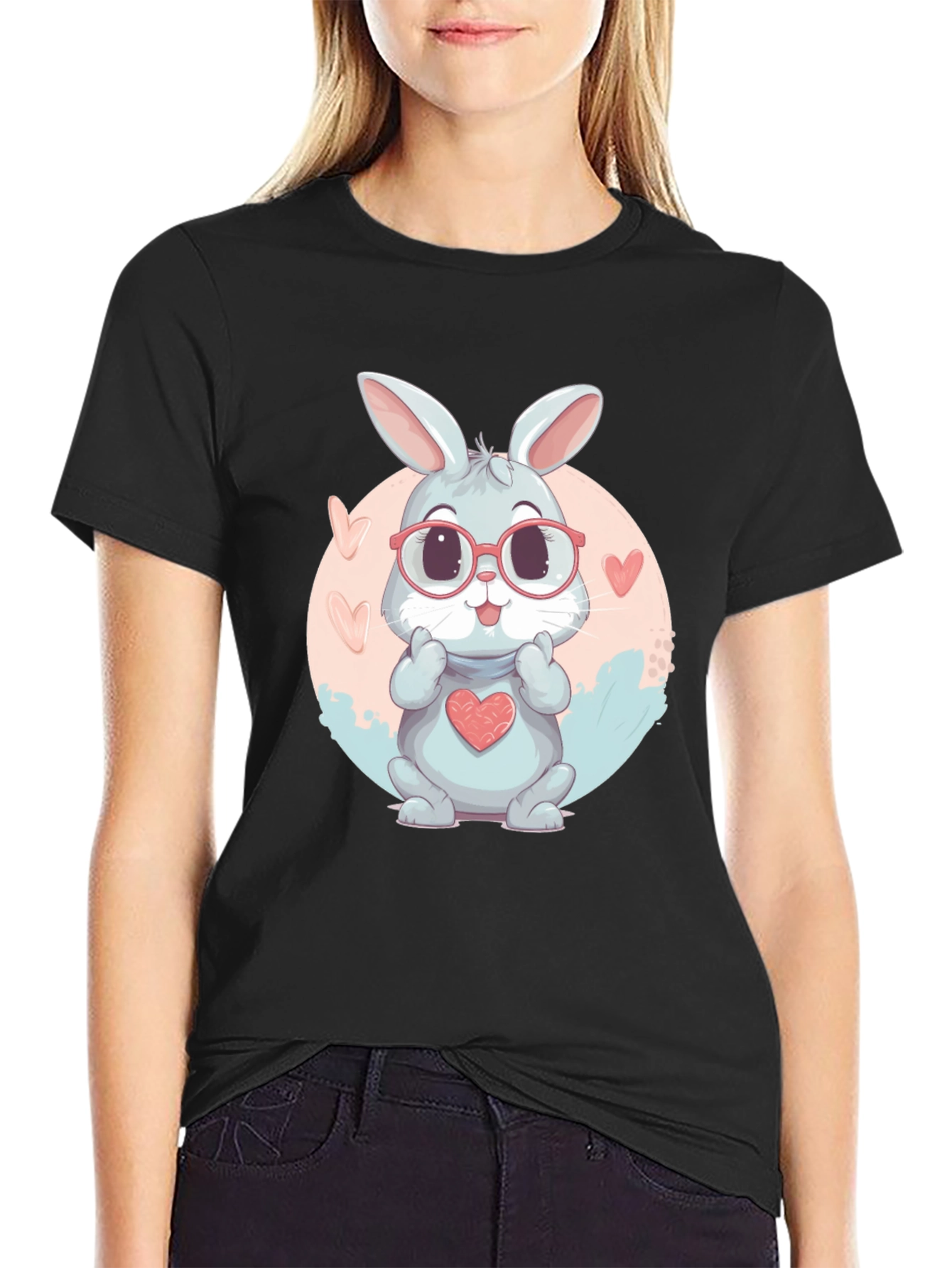Black Cute Bunny Heart Graphic Tee view 2