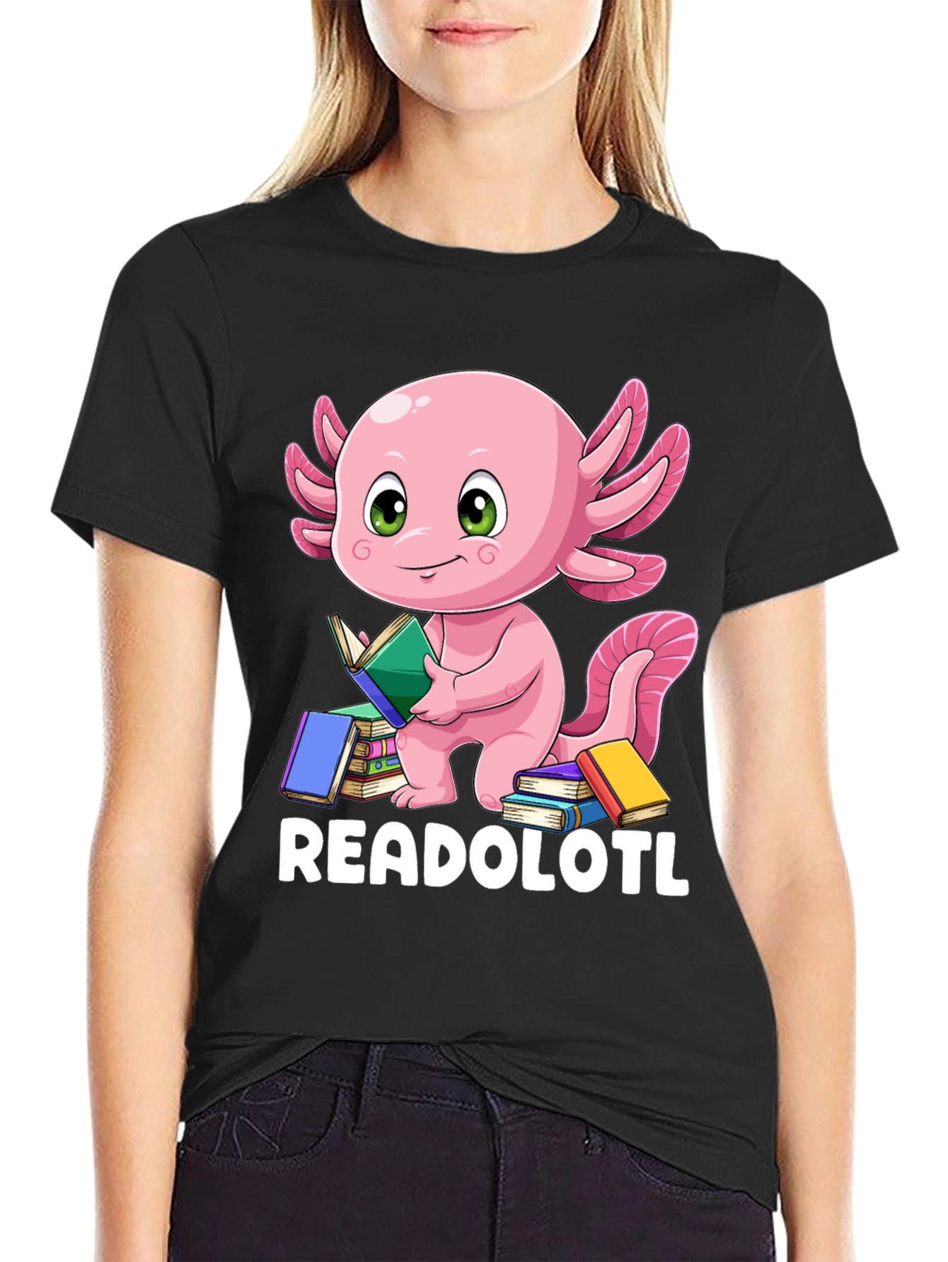 Black Readolotl Axolotl Reading Book T-Shirt view 2
