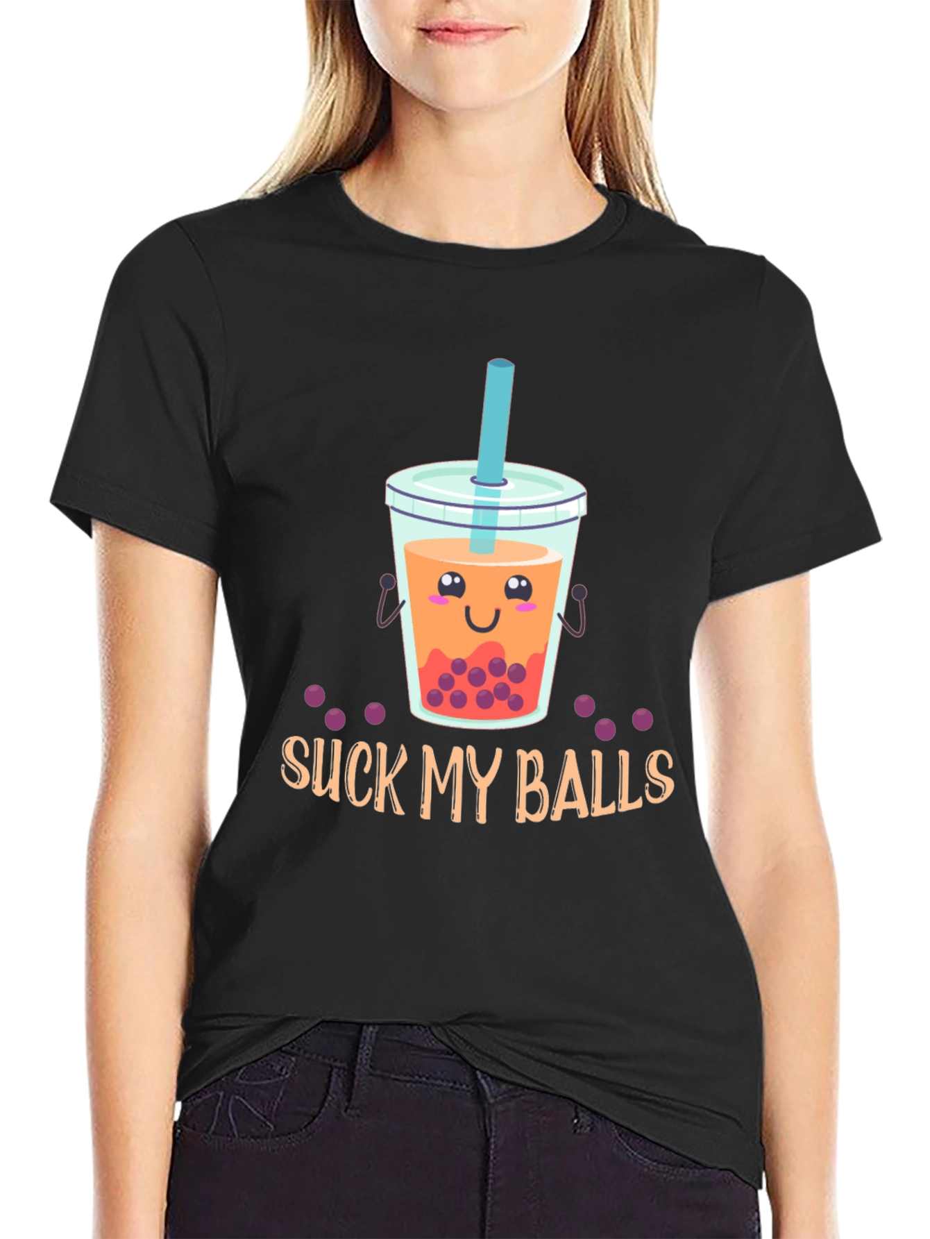 Black Suck My Balls Funny Bubble Tea Graphic T-Shirt view 2