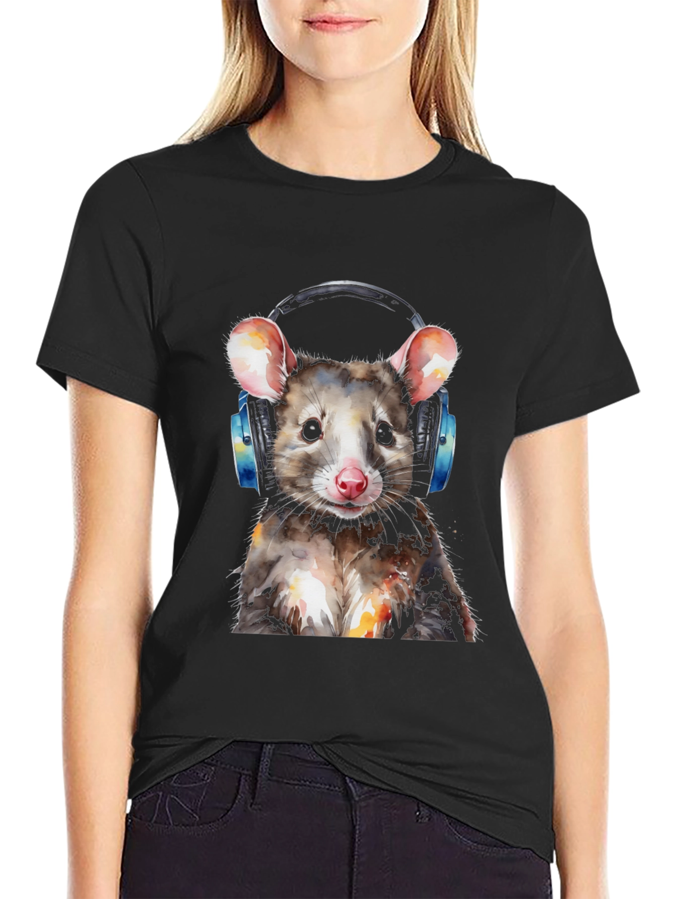 Black Cool Opossum T-Shirt with Headphones - Unique Graphic Tee view 2