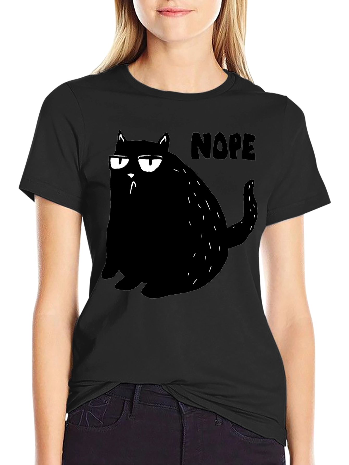 Black Nope Cat Graphic Tee - Black Cotton T-Shirt  view 2