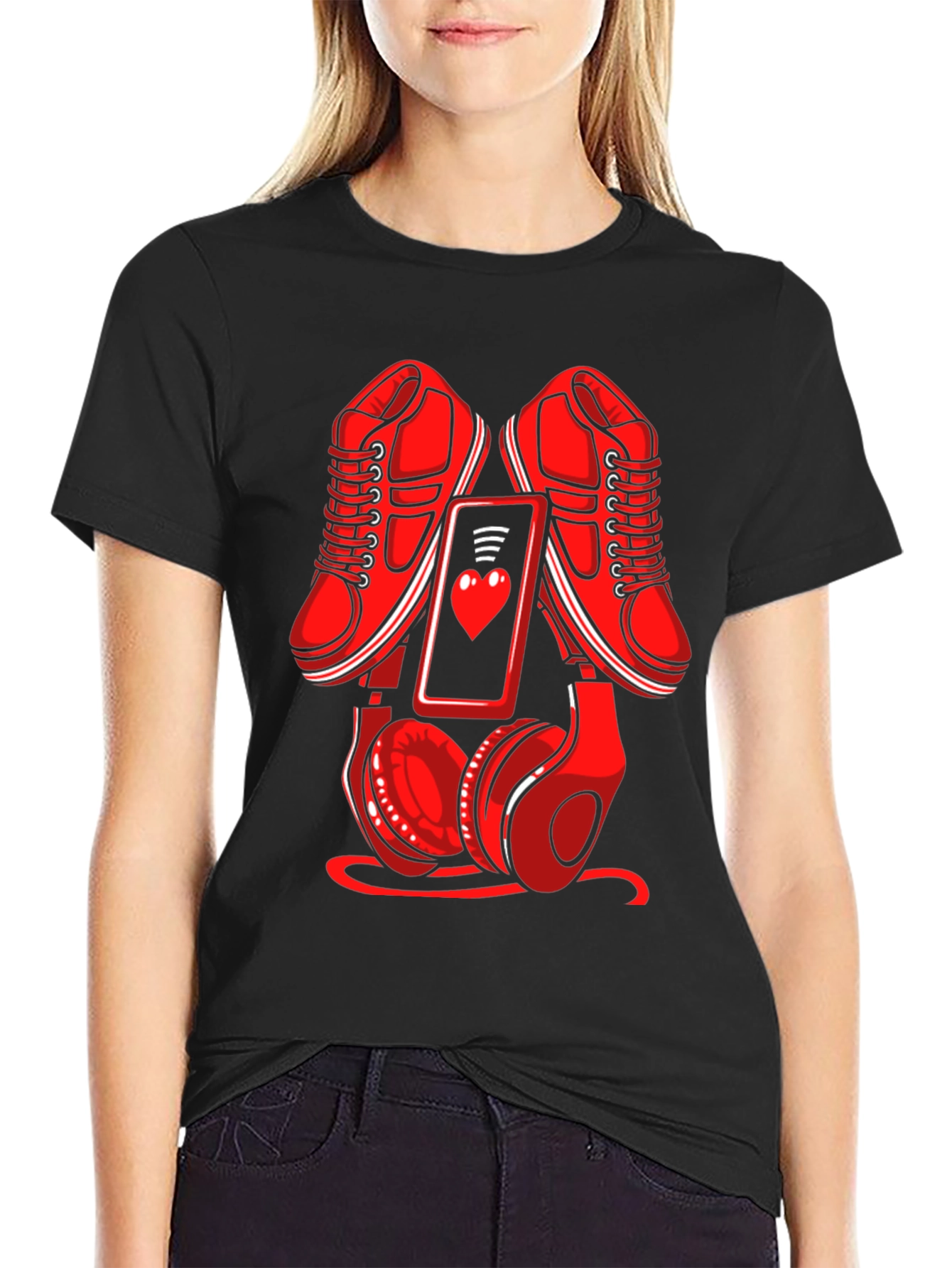 Black Red Sneakers, Phone & Headphones Graphic T-Shirt view 2